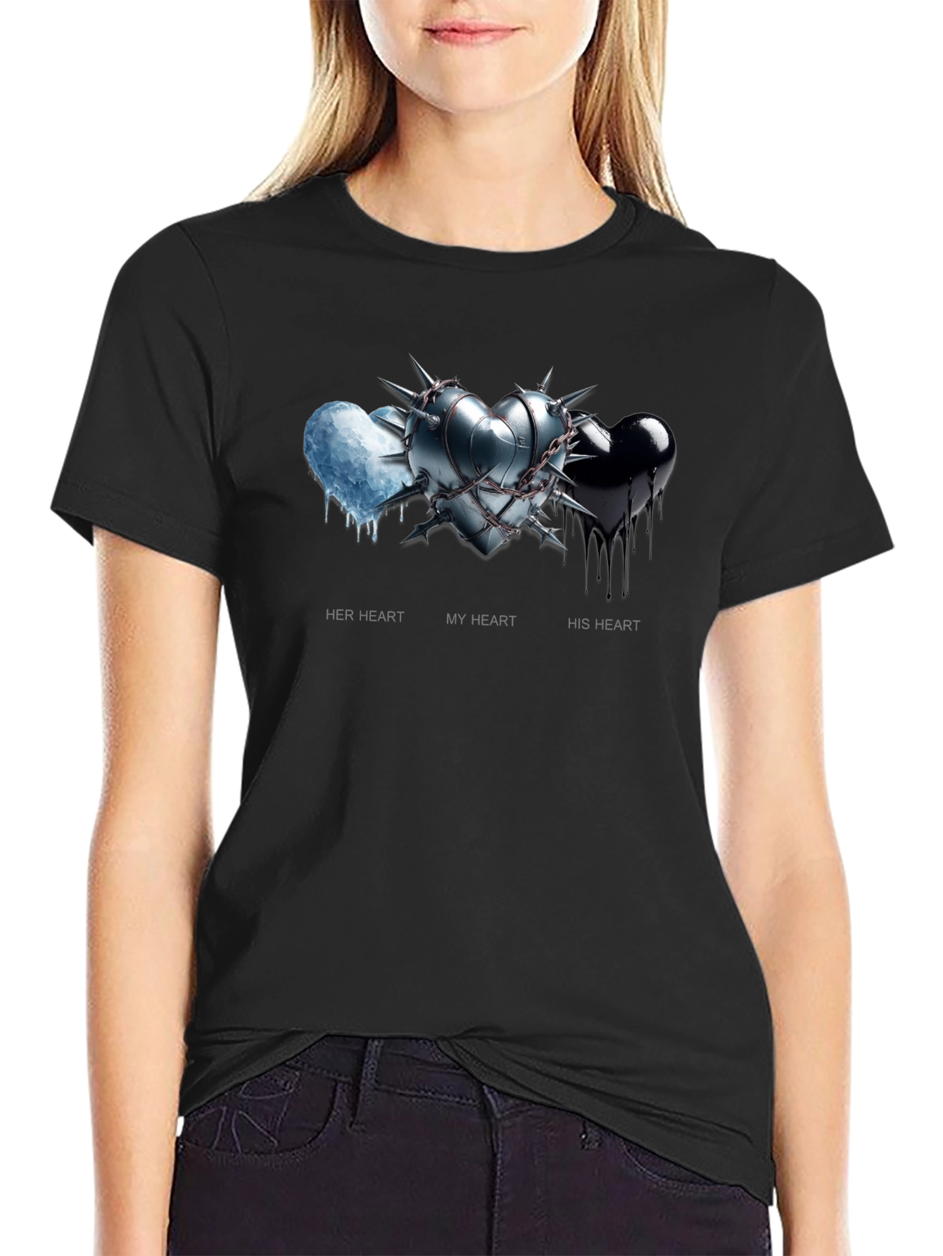 Black Heart Trio Graphic Tee - Her, My, His Hearts view 2