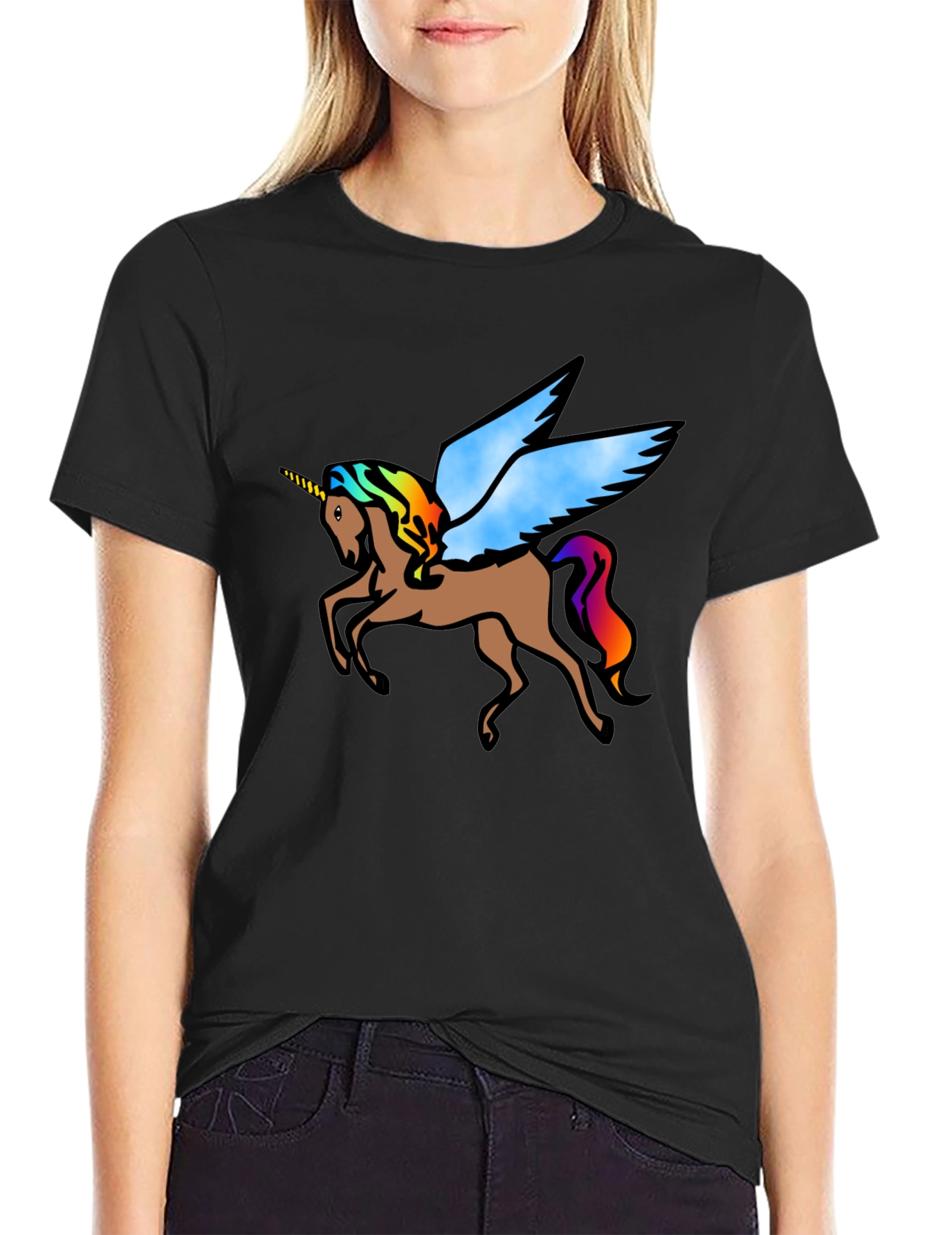 Black Unicorn Pegasus Graphic Tee - Black Cotton T-Shirt view 2