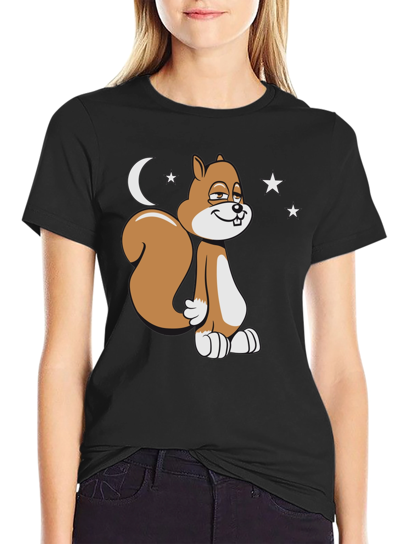 Black Funny Squirrel Moon Stars Graphic T-Shirt view 2