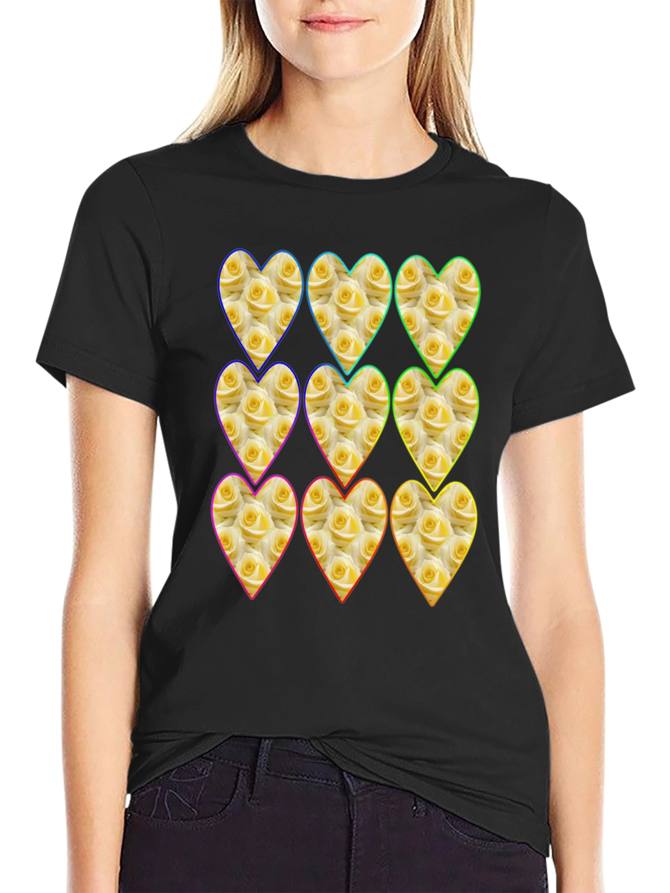 Black Floral Heart Pattern Graphic Tee view 2
