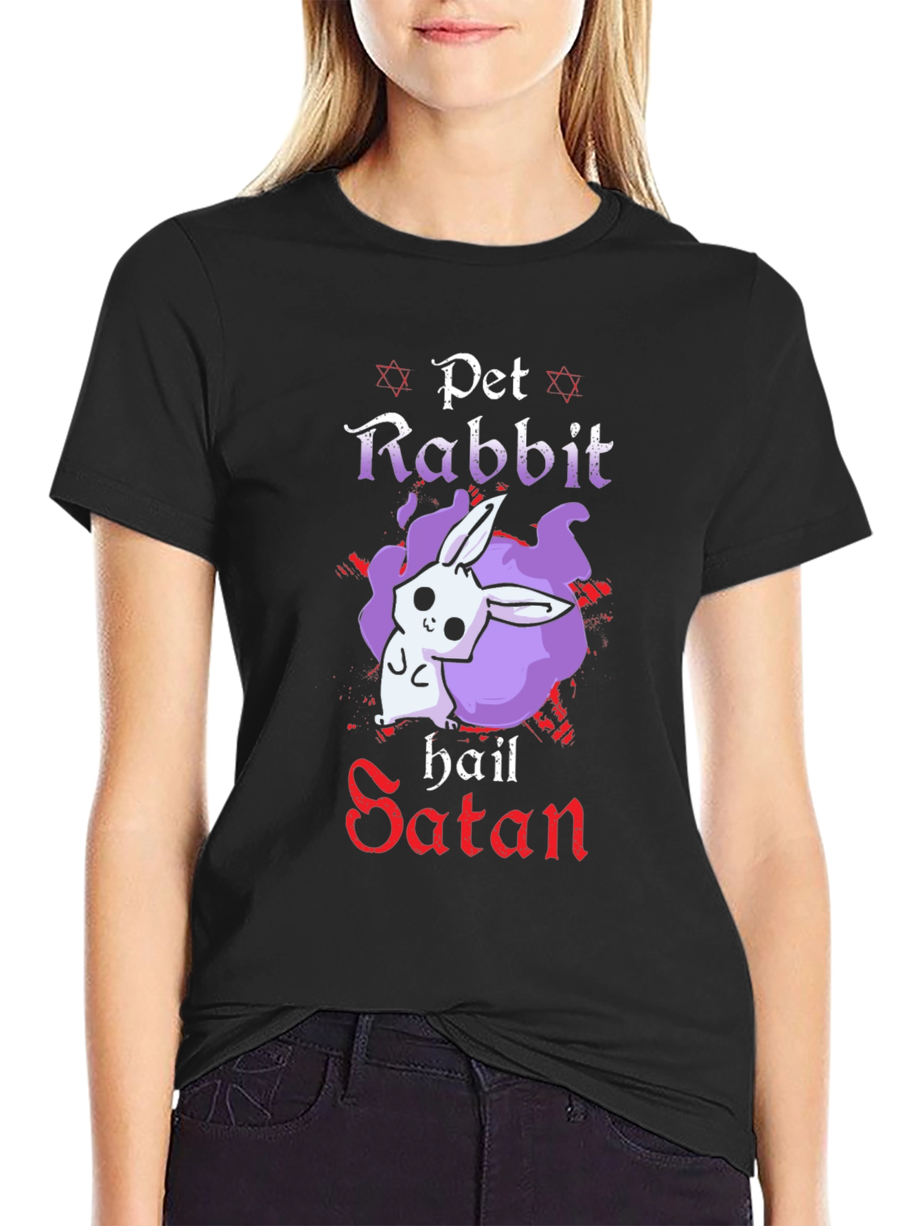 Black Pet Rabbit Hail Satan Black T-Shirt view 2