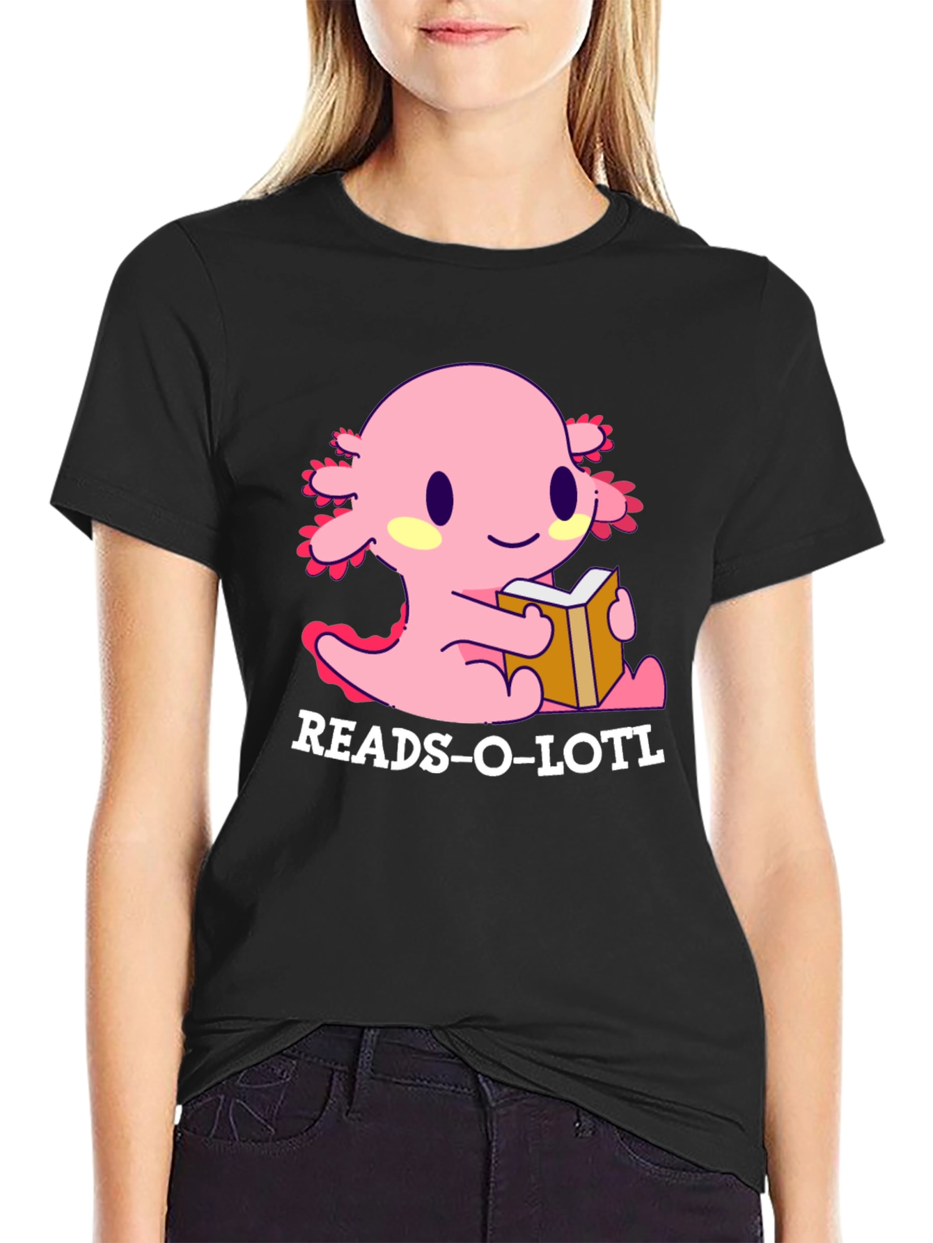 Black Reads-O-Lotl Axolotl Reading T-Shirt view 2