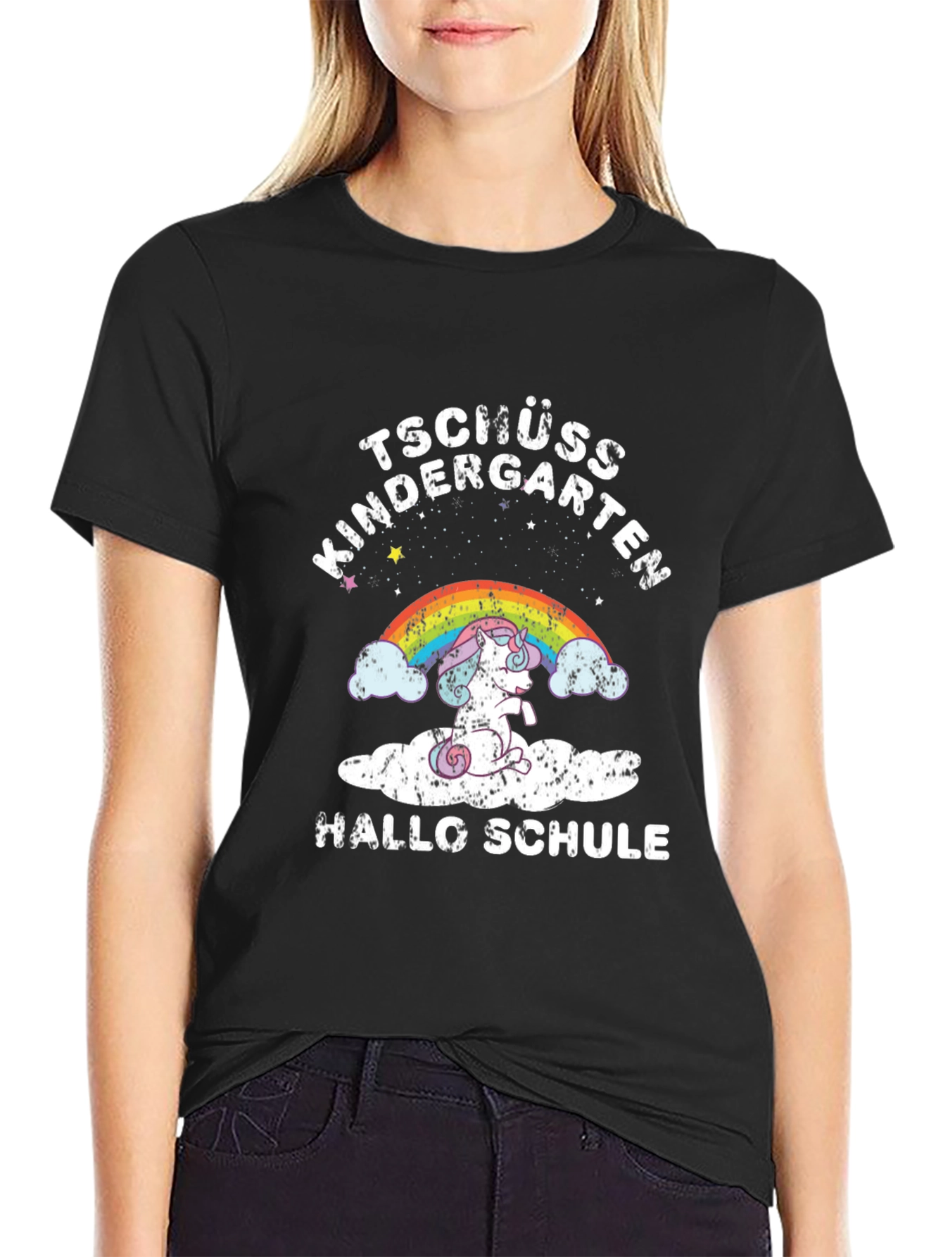 Black Tschüss Kindergarten Hallo Schule Unicorn T-Shirt view 2