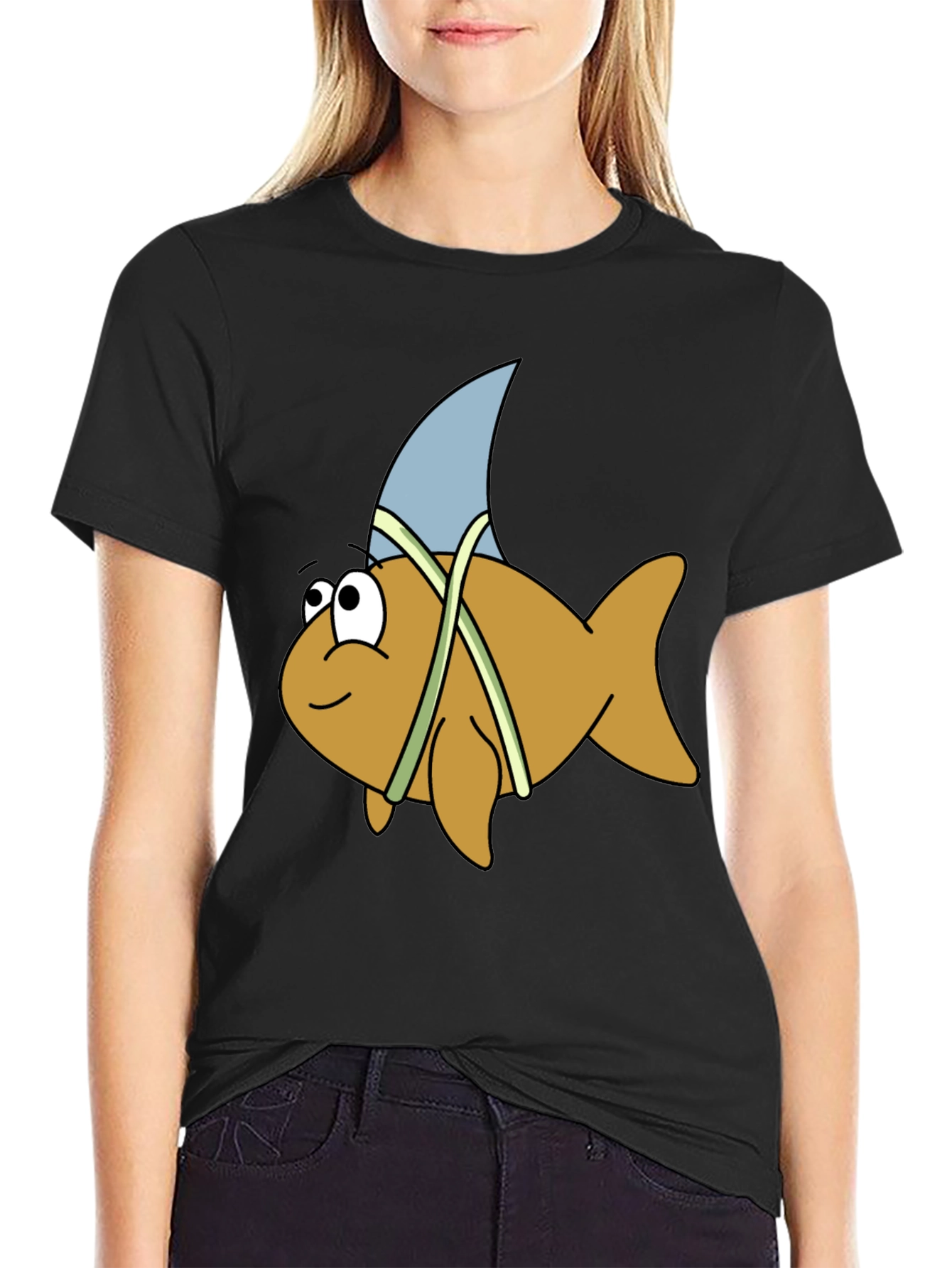 Cartoon Shark Fin Fish Black T-Shirt - 2