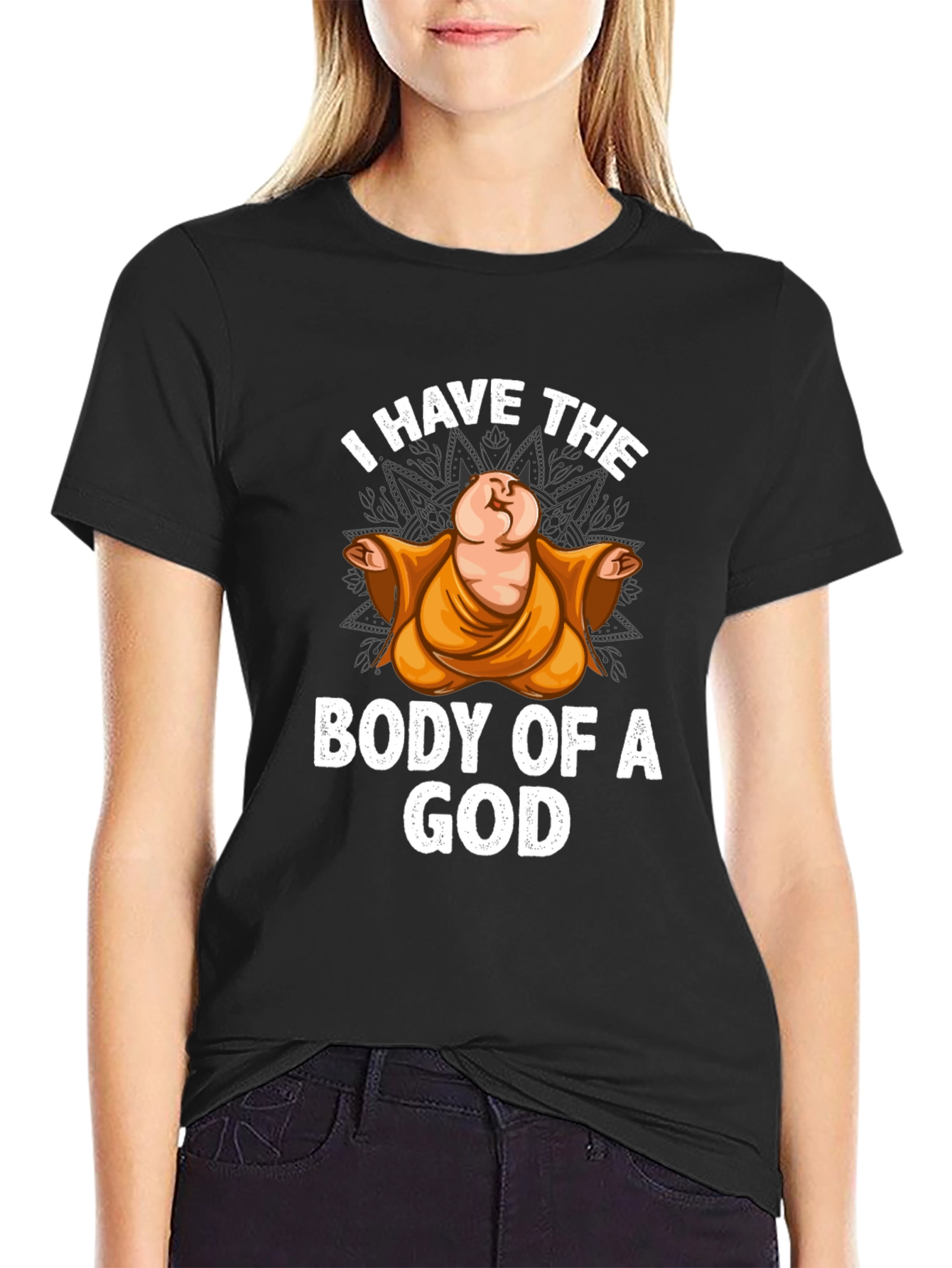 Black I Have The Body Of A God T-Shirt Funny Buddha Graphic Tee view 2