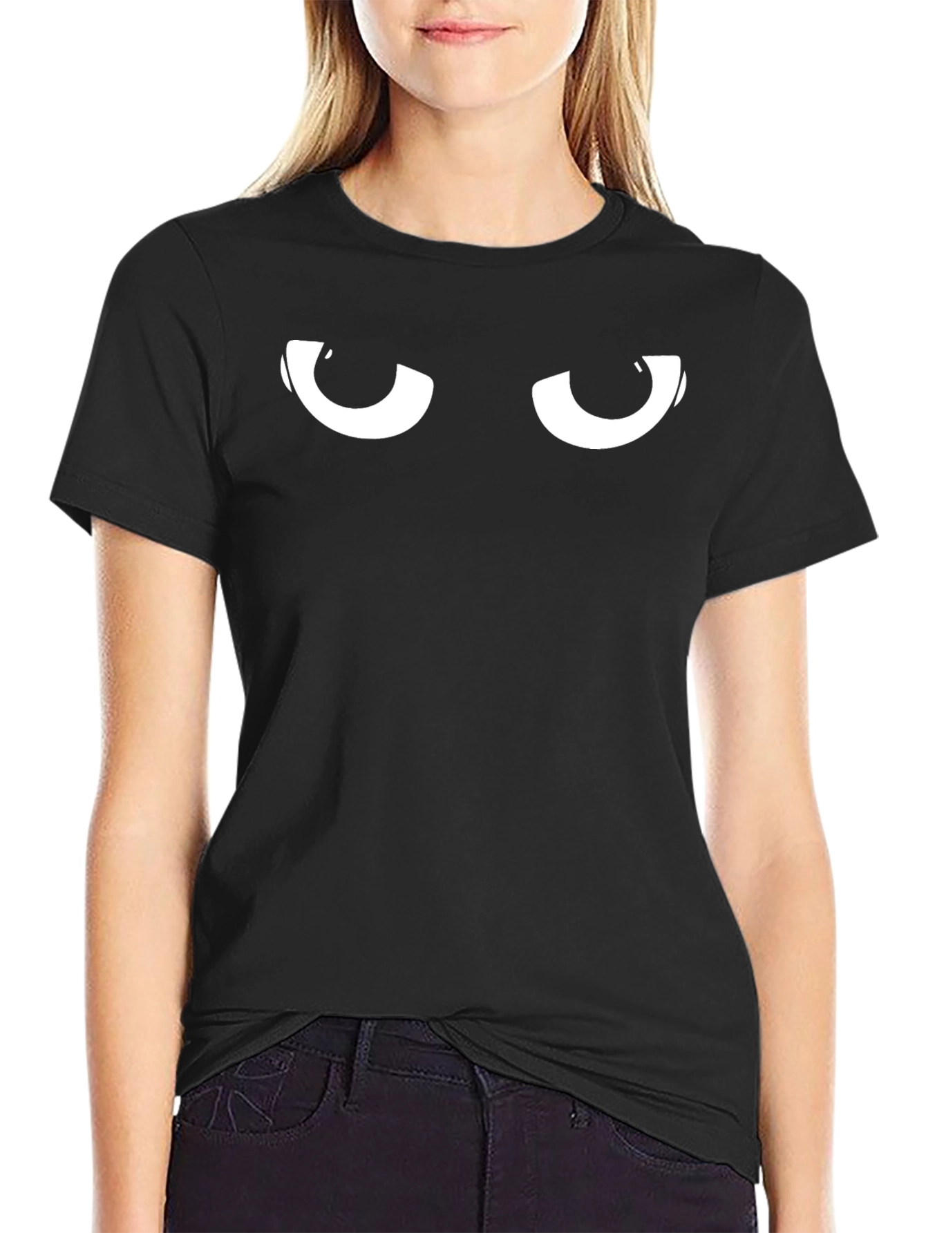 Black Men's Black T-Shirt with Cartoon Eyes Graphic view 2