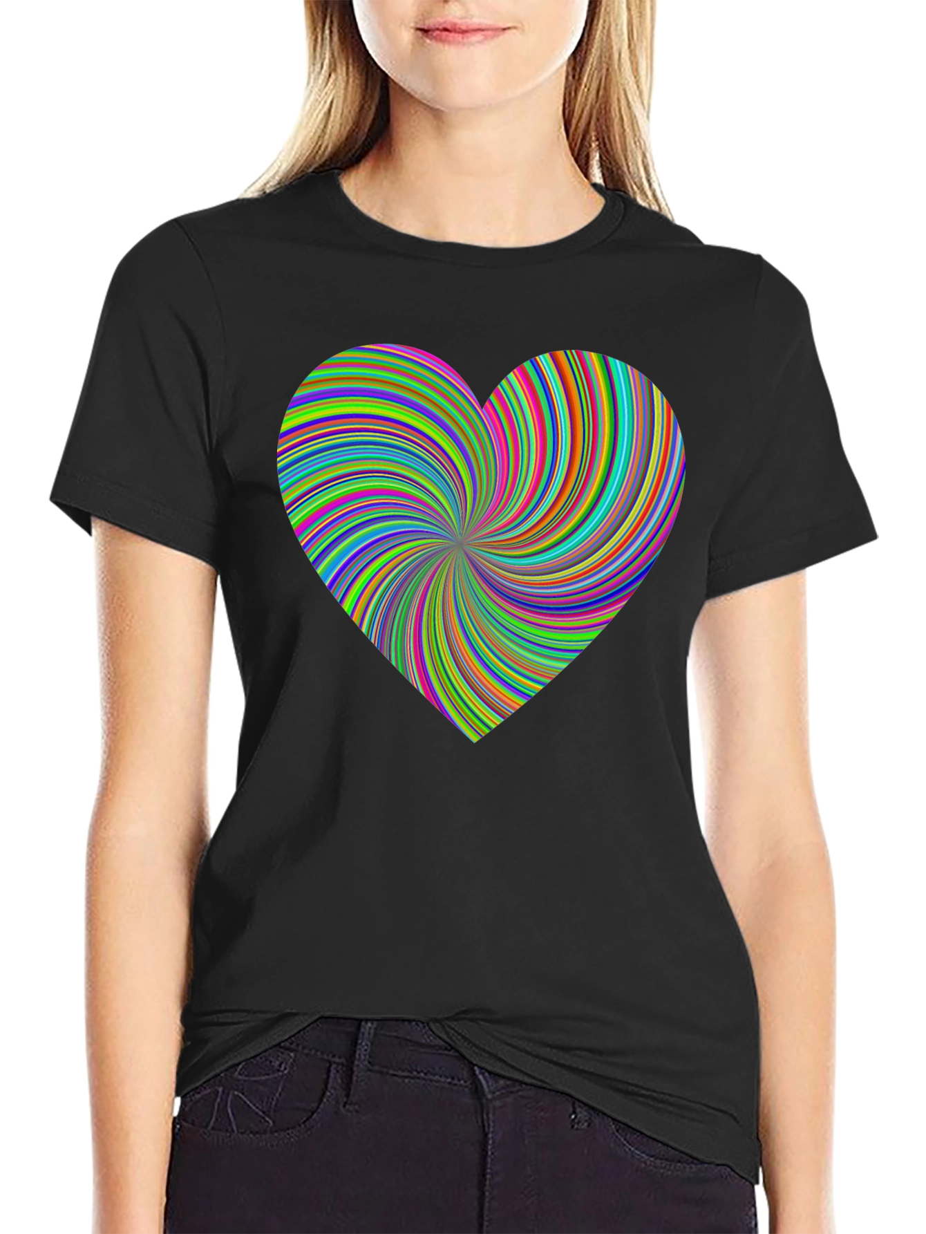 Black Vibrant Swirl Heart Black T-Shirt - Modern Artistic Tee view 2