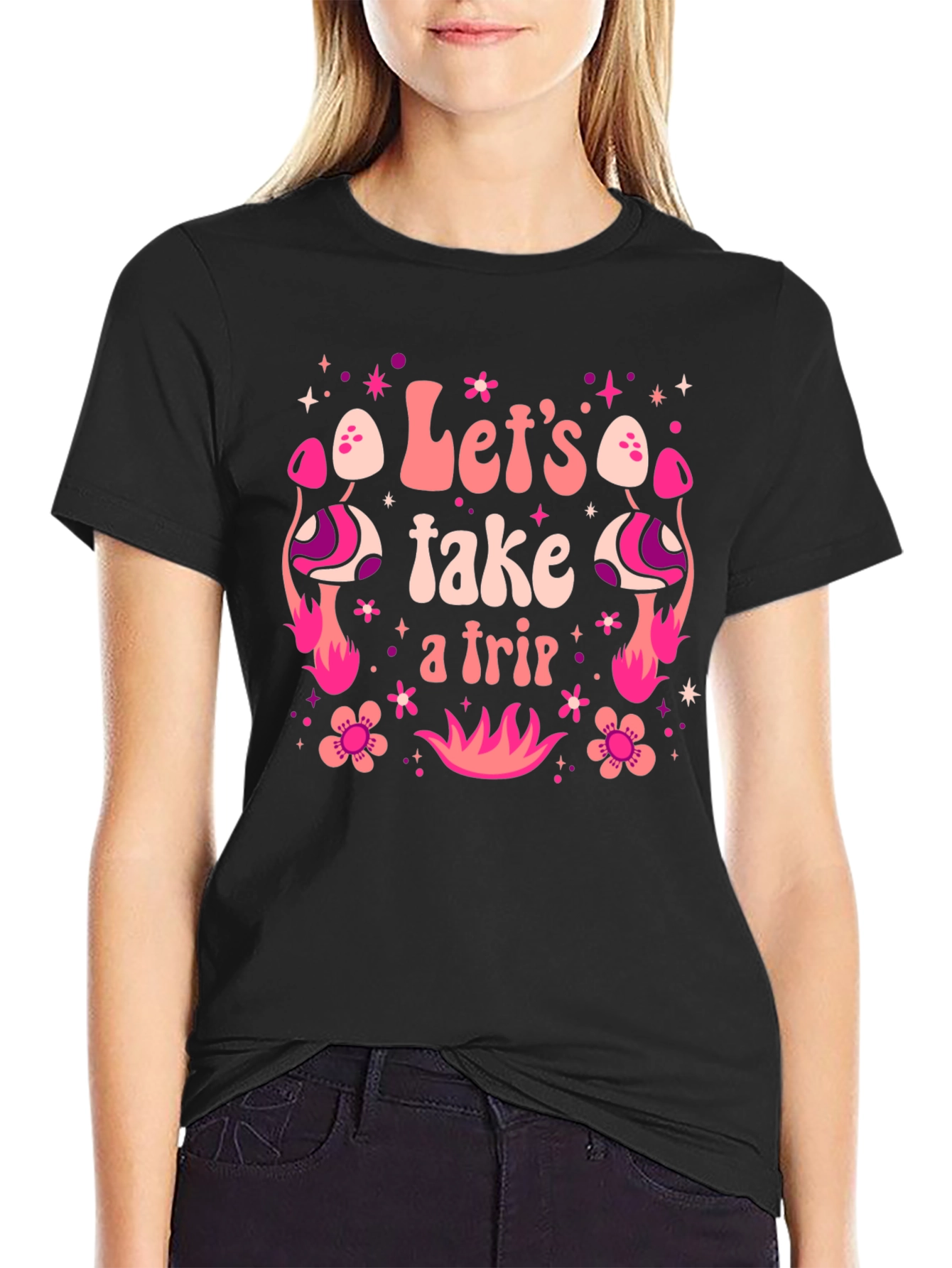 Black Let's Take A Trip Graphic Tee - Retro Psychedelic Design view 2