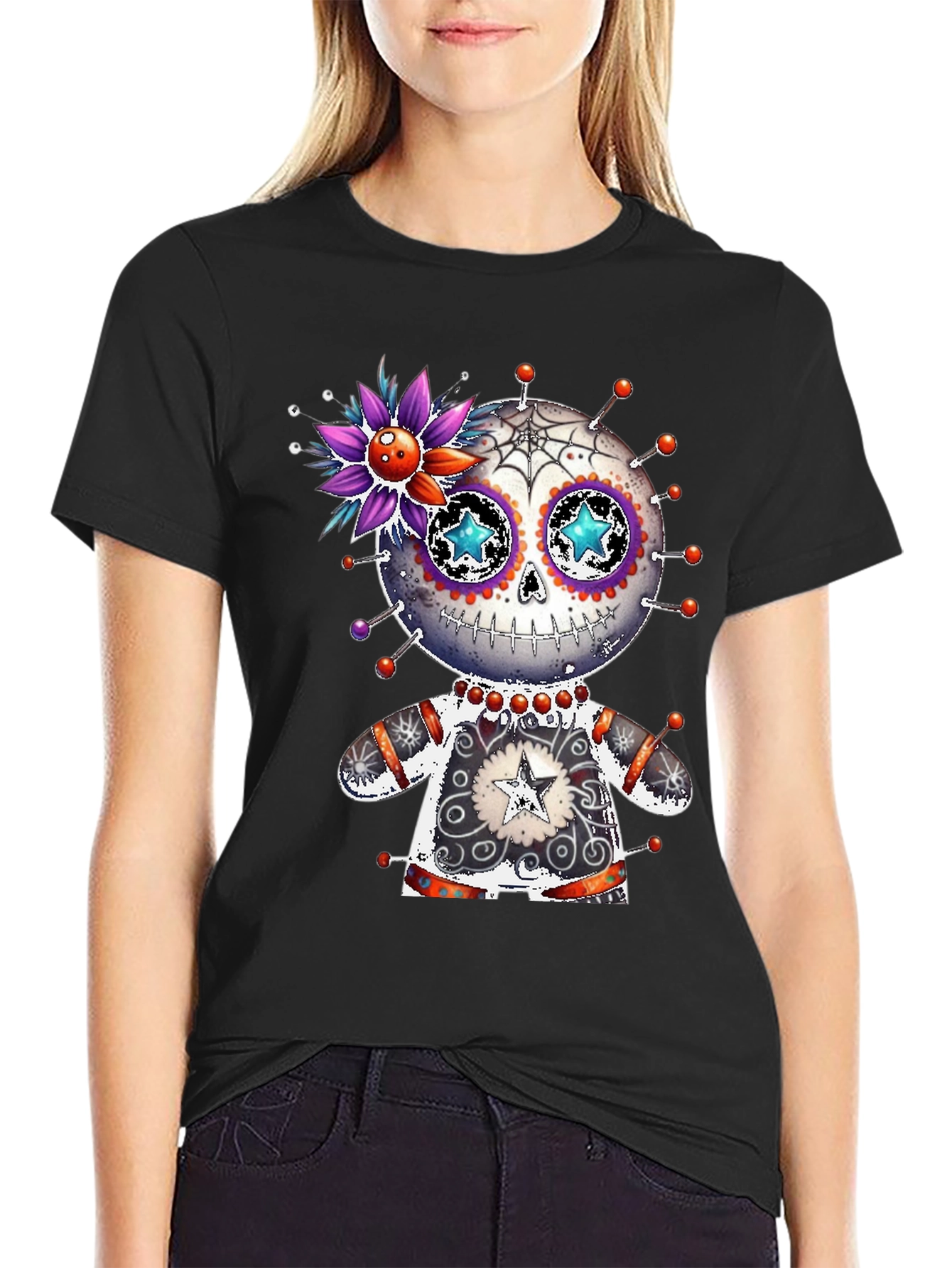 Black Sugar Skull Voodoo Doll T-Shirt view 2