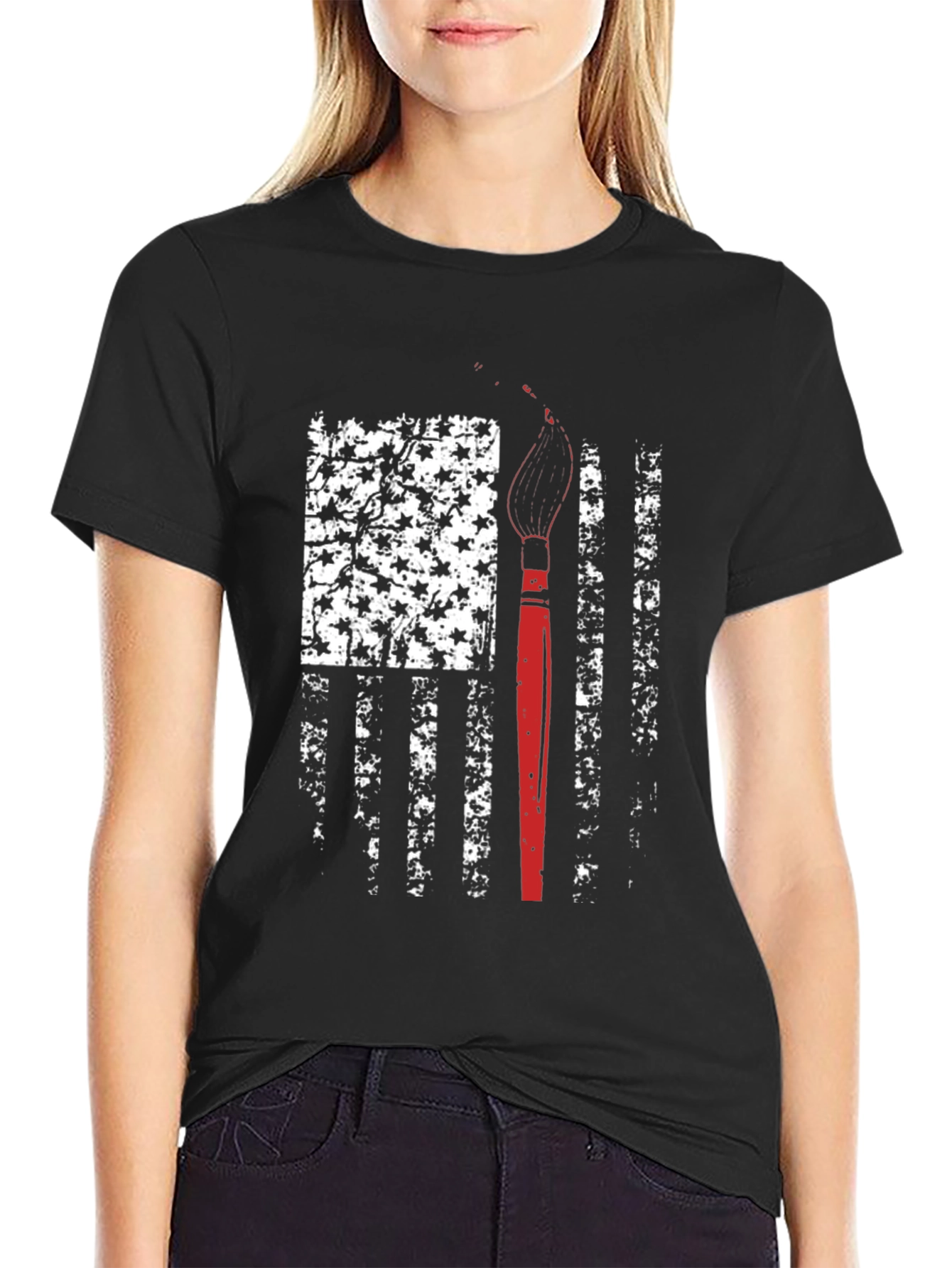 Black Patriotic Artist T-Shirt - American Flag Paintbrush Design view 2