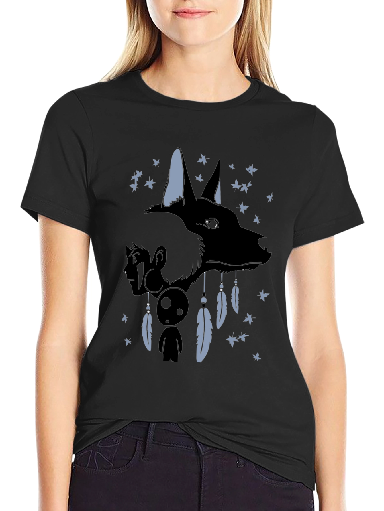 Black Anime Wolf Dreamcatcher Graphic T-Shirt view 2