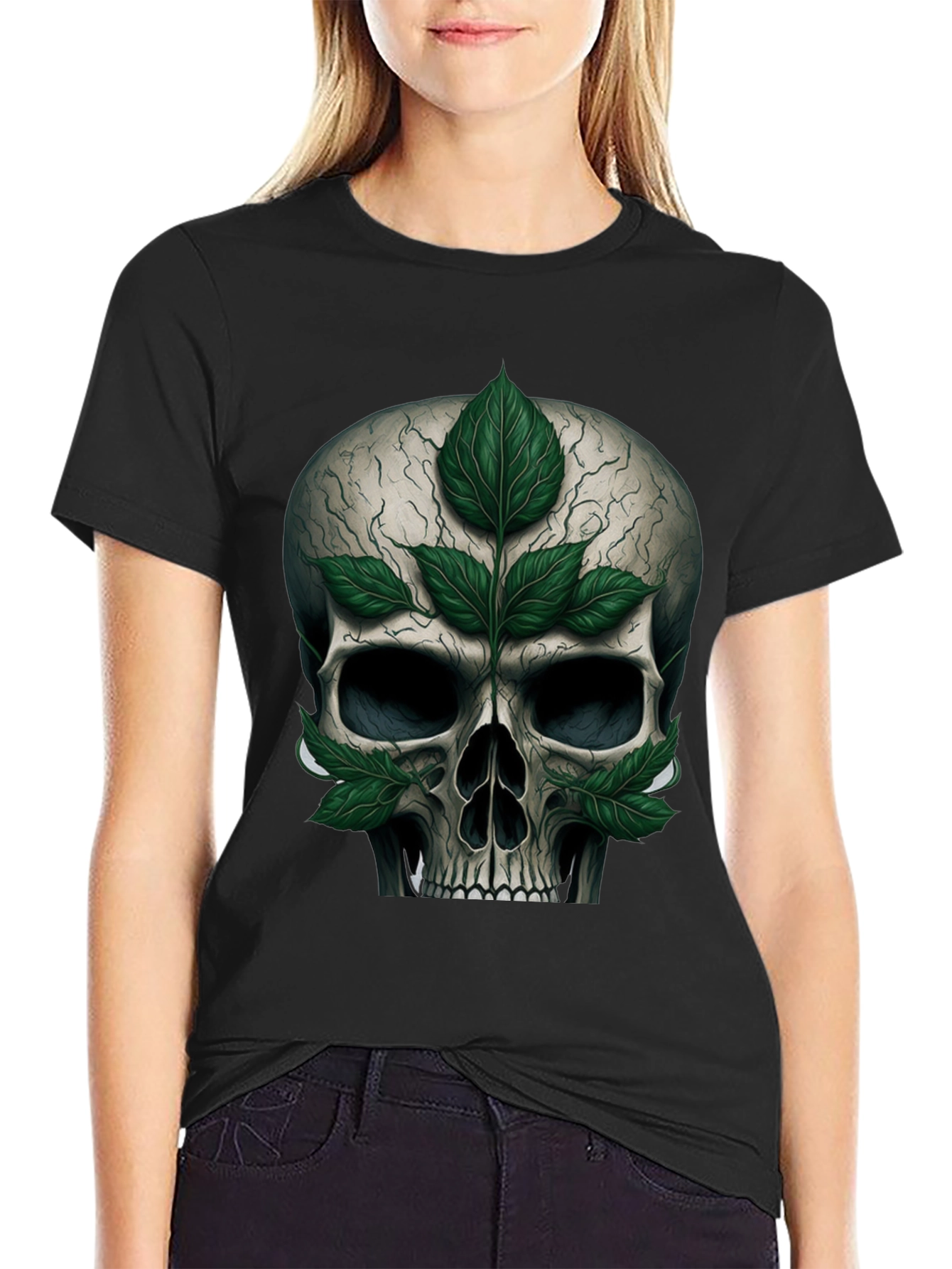 Black Skull & Leaves Graphic T-Shirt view 2