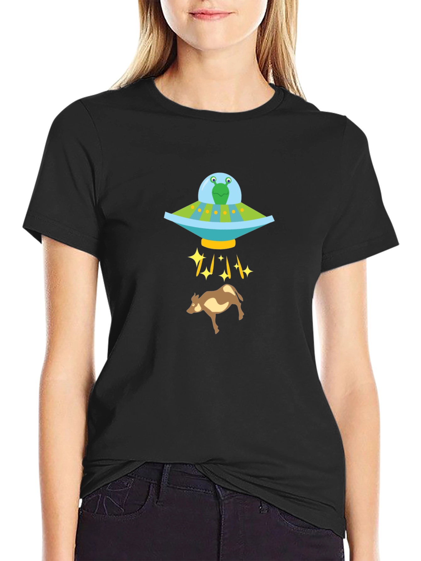 Black Alien Abduction Graphic Tee - Cow UFO Shirt view 2