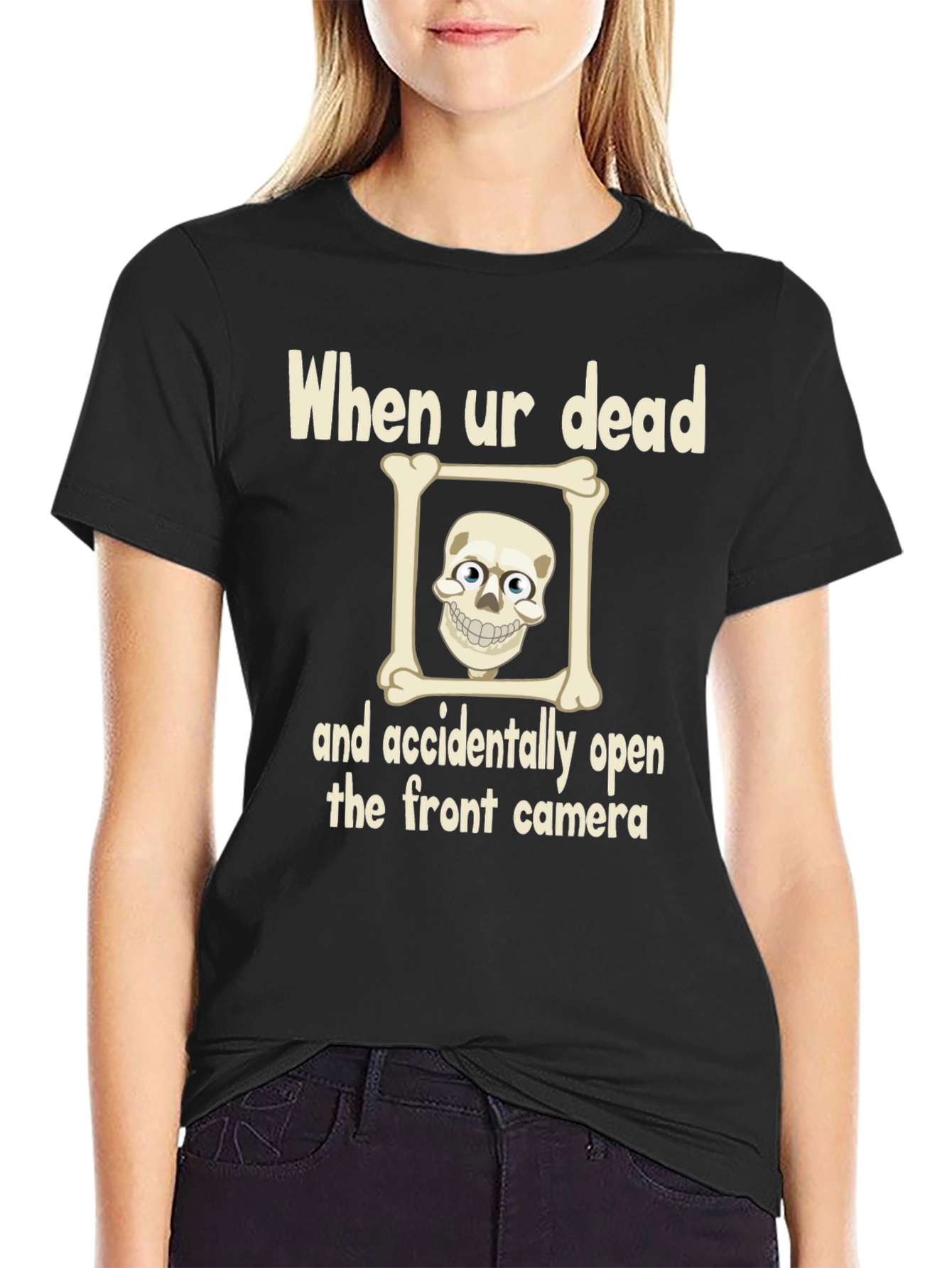 Black Humorous Skeleton T-Shirt - "When Ur Dead" Design view 2