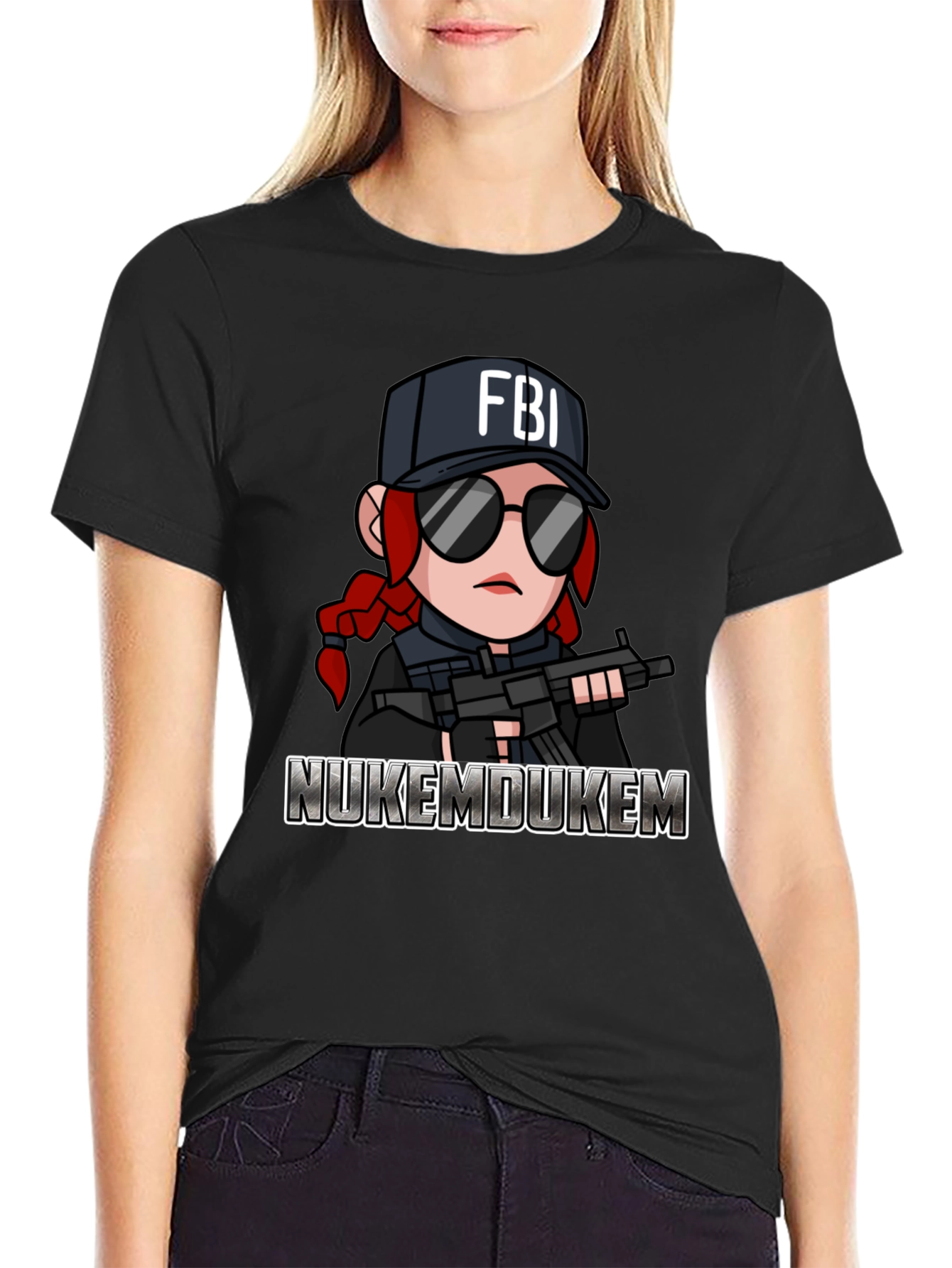 Black FBI Cartoon Graphic T-Shirt - NukeMDukeM view 2
