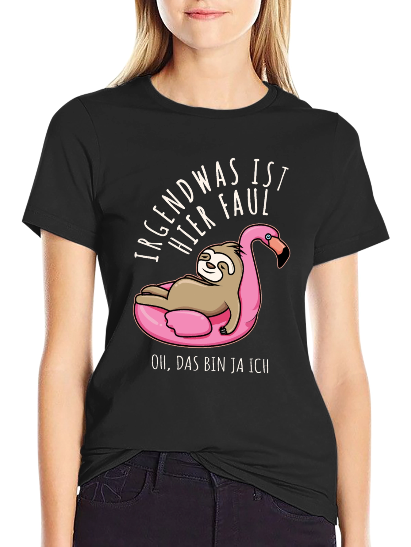Black Lazy Sloth Flamingo Pool Float Graphic T-Shirt view 2