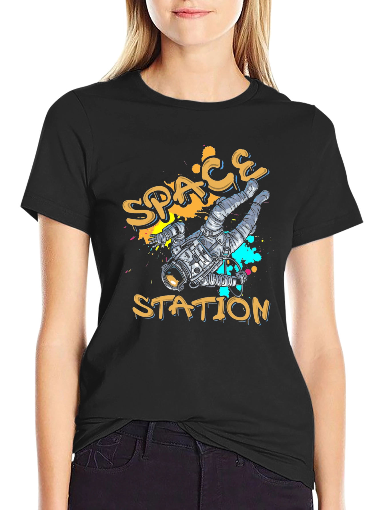 Black Space Station Graphic T-Shirt view 2