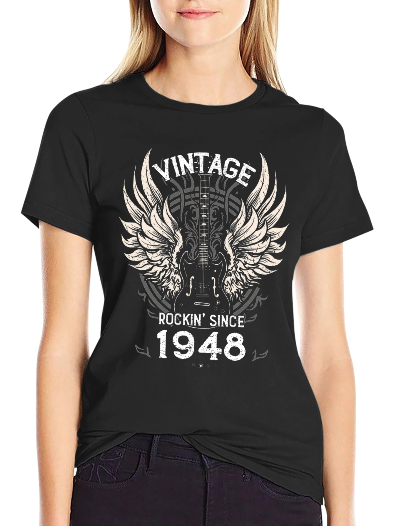 Black Vintage Rockin' Since 1948 Guitar T-Shirt view 2