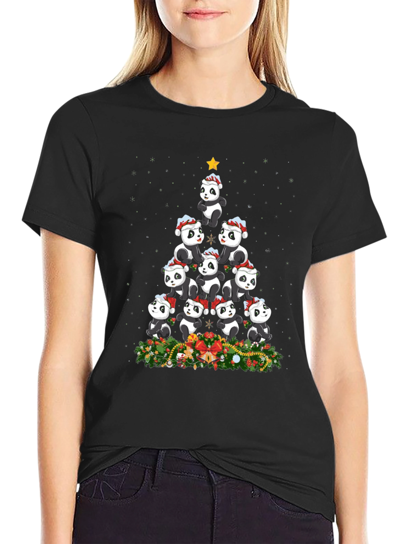 Black Panda Christmas Tree T-Shirt view 2