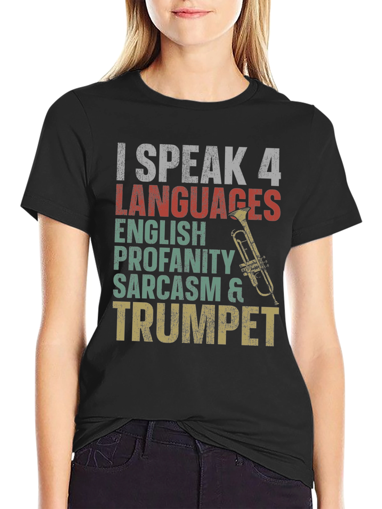 Black I Speak 4 Languages Trumpet Graphic Tee view 2