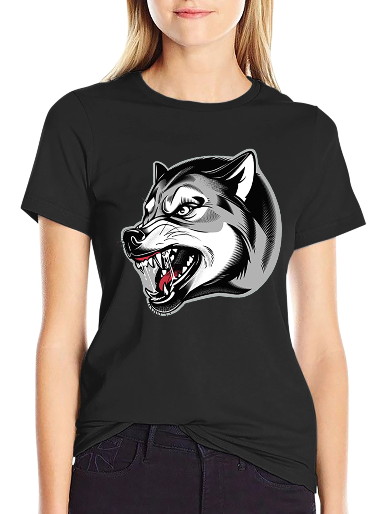 Black Men's Black Graphic T-Shirt - Fierce Wolf Design view 2