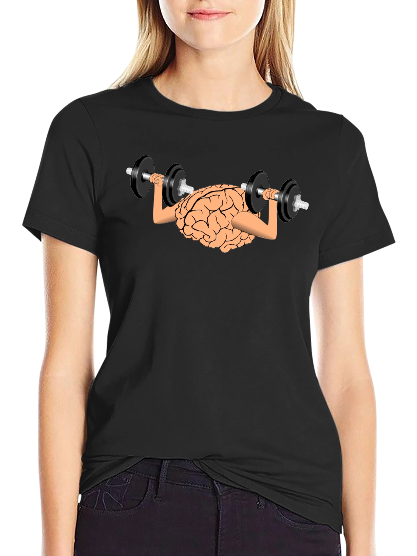 Black Brain Lifting Dumbbells Black T-Shirt view 2