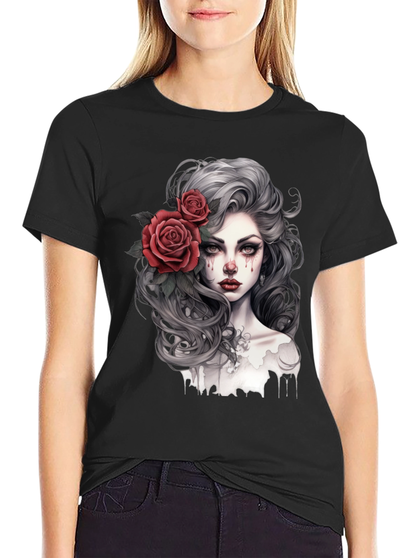 Black Gothic Rose Woman Graphic Print Black Tee view 2