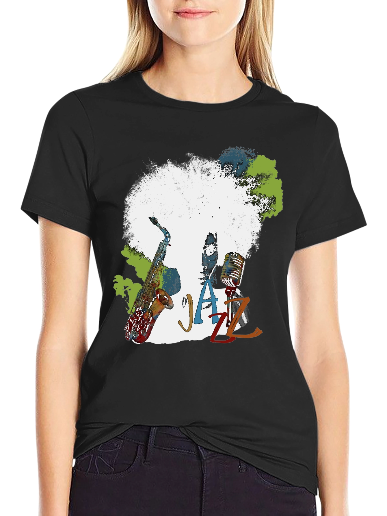 Black Jazz Music T-Shirt - Afro Saxophone Microphone view 2