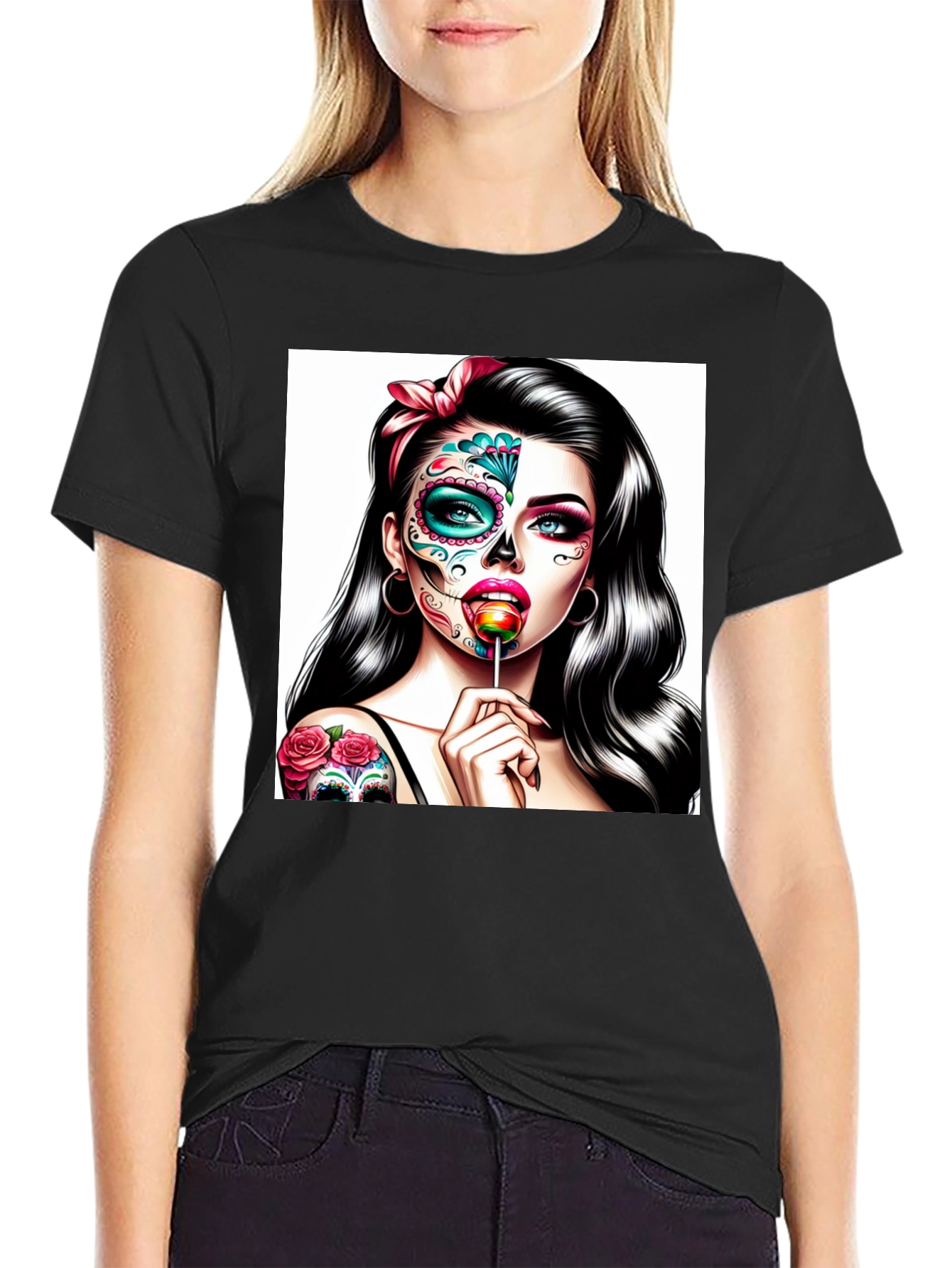 Black Sugar Skull Girl T-Shirt - Dia de los Muertos Art view 2