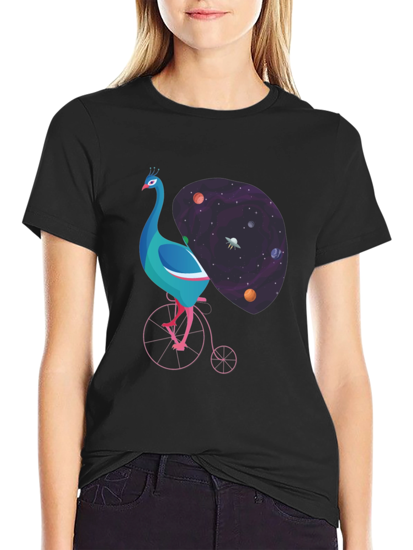 Black Cosmic Peacock Bike Graphic Tee view 2