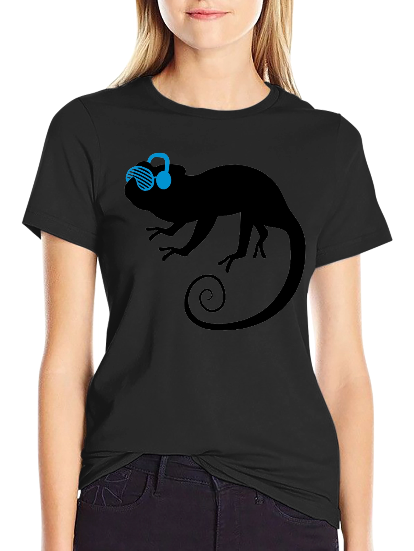 Black Cool Chameleon Graphic Tee - Black Cotton T-Shirt view 2