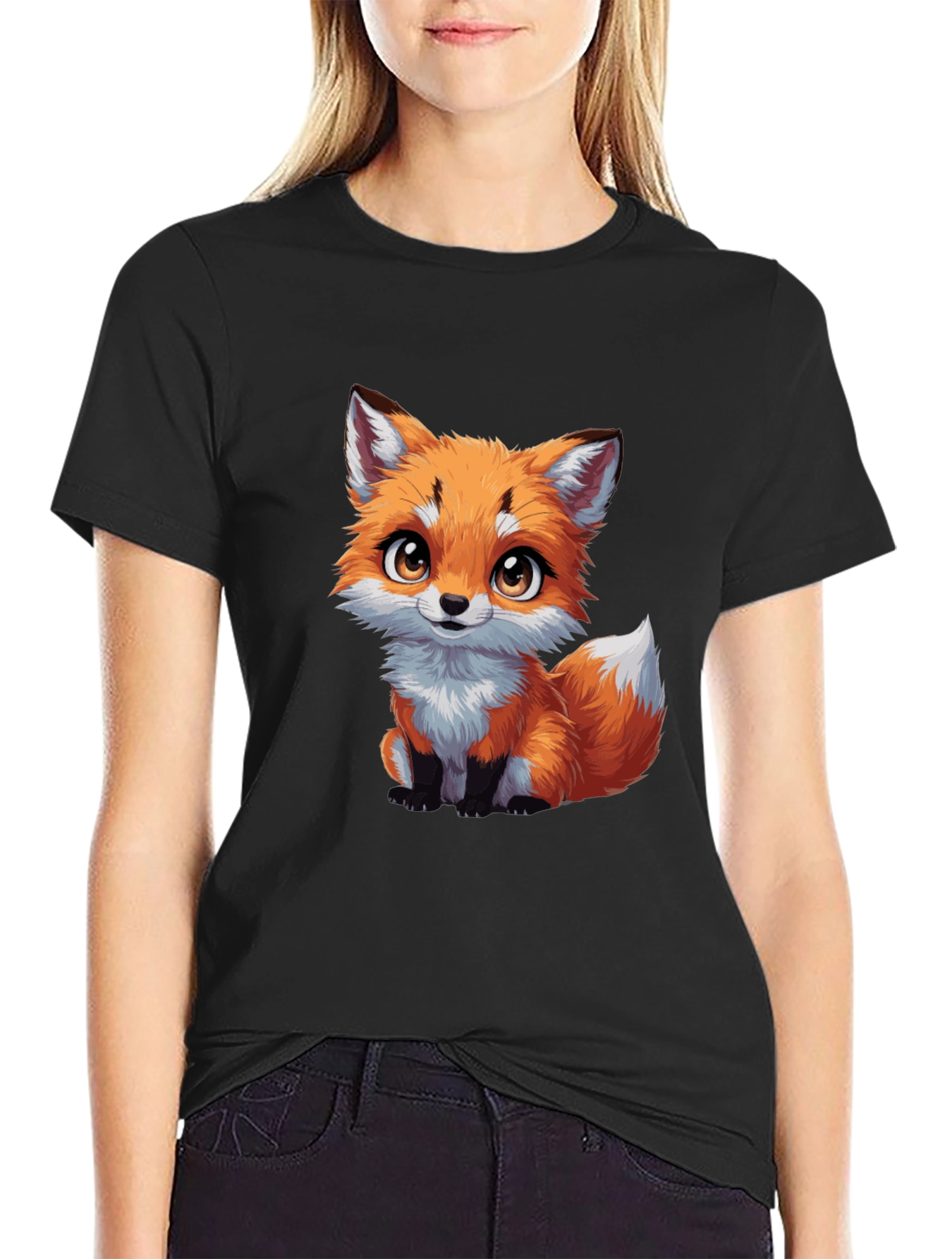 Black Cute Fox Graphic Tee - Black Cotton T-Shirt view 2