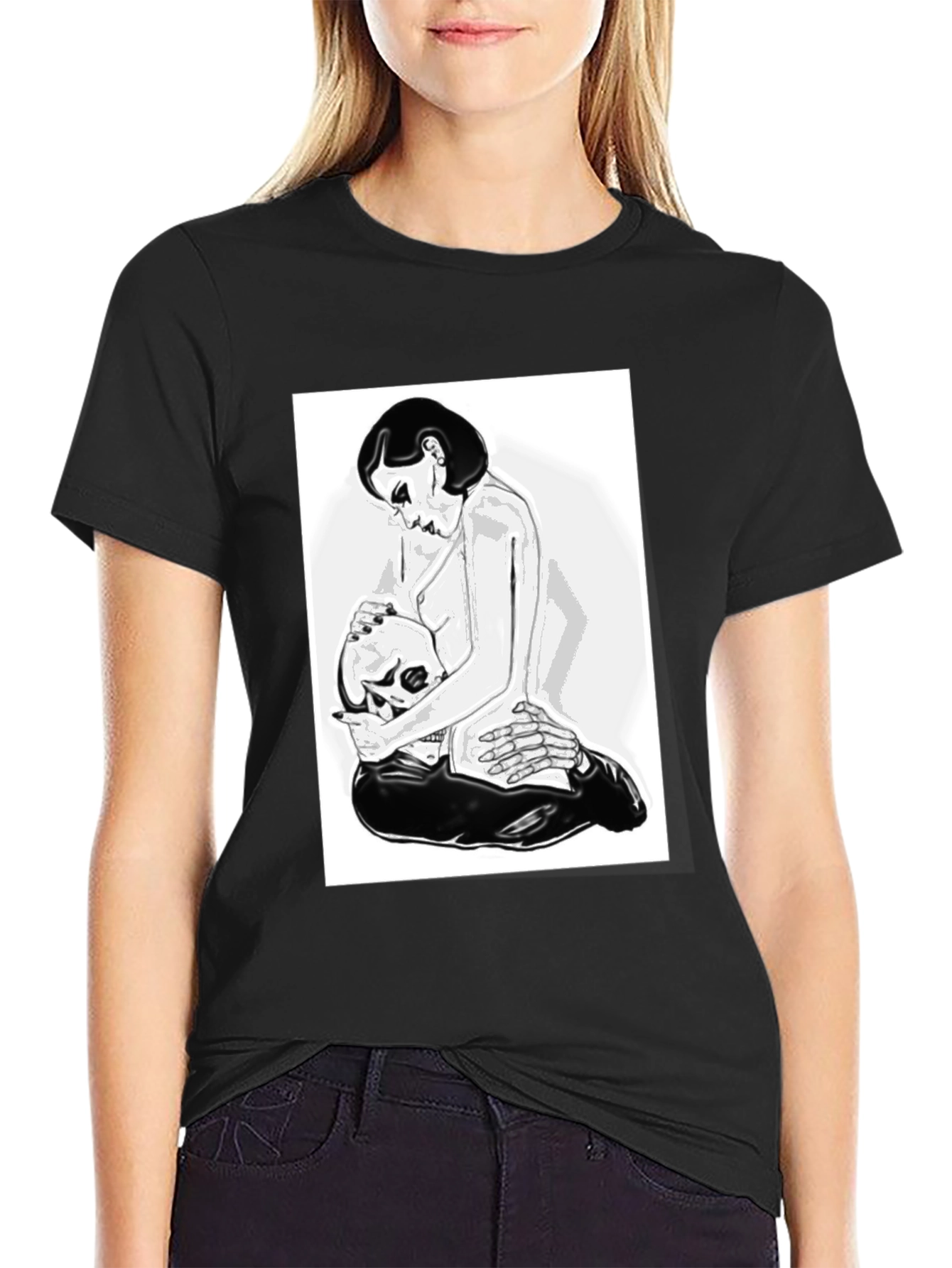 Black Graphic T-Shirt - Woman and Skull Design view 2