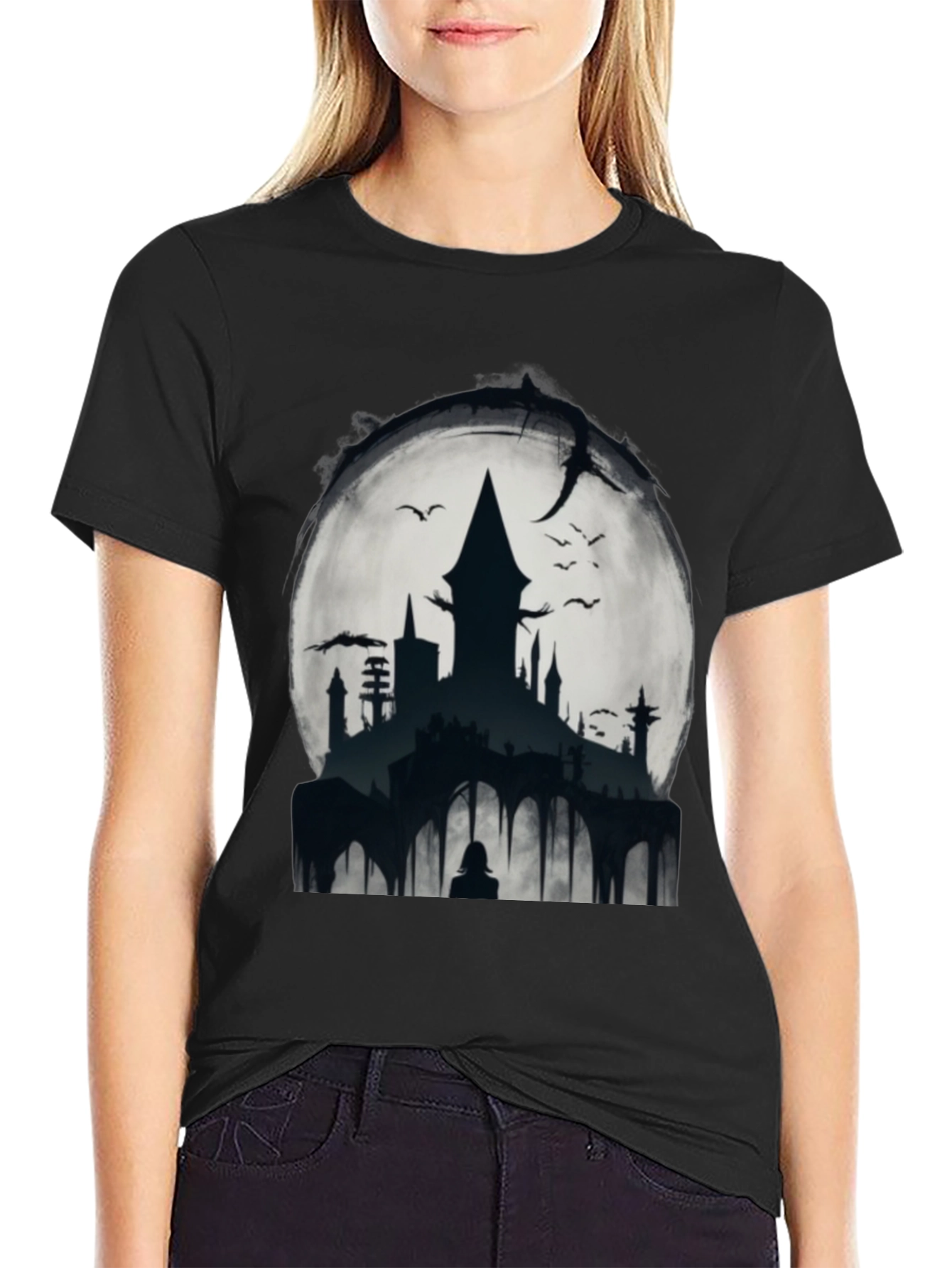 Black Moonlit Castle Graphic Tee - Gothic Style Shirt view 2