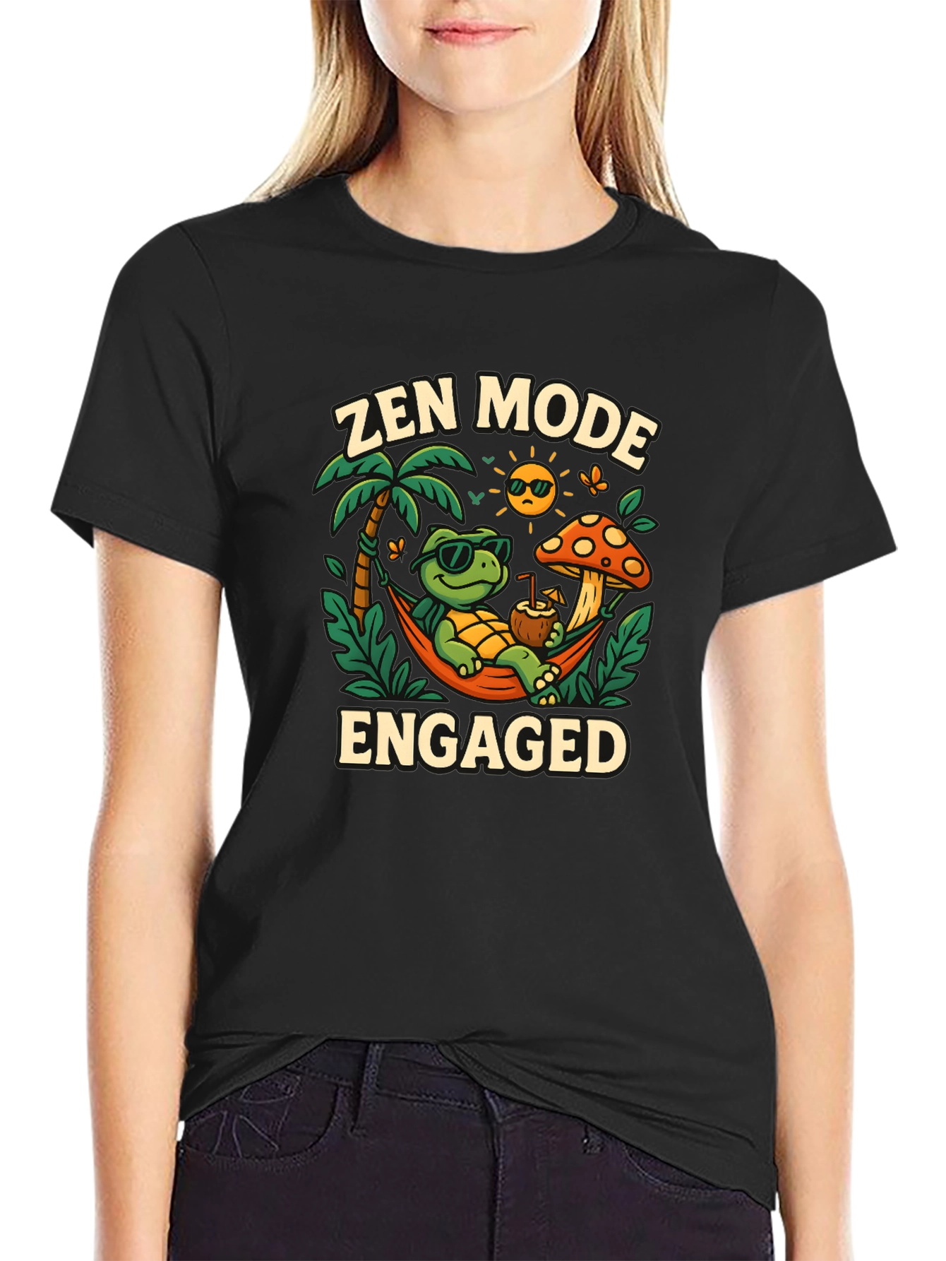 Black Zen Mode Engaged Graphic T-Shirt - Relaxed Turtle Design view 2