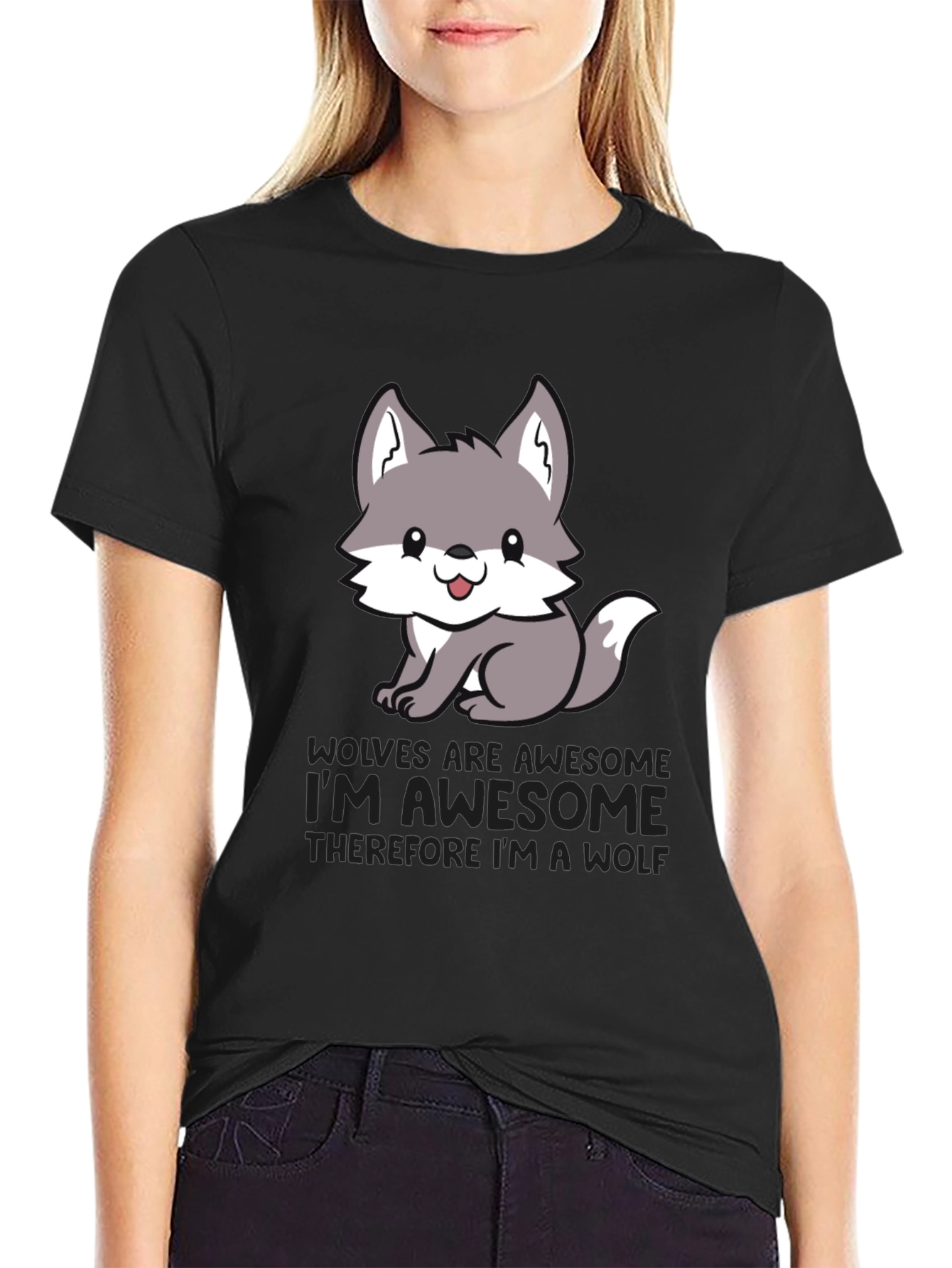 Black Awesome Wolf T-Shirt - Cute Animal Graphic Tee view 2