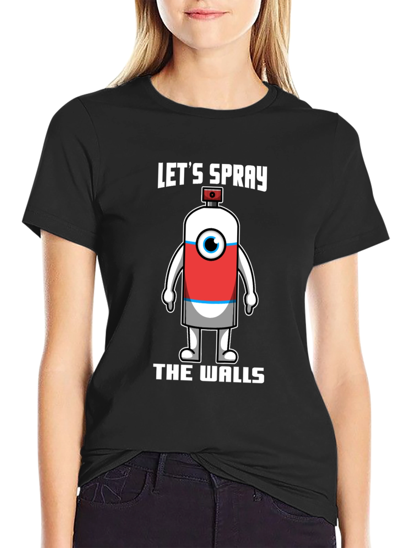 Black Let's Spray The Walls T-Shirt - Unique Cartoon Spray Can Design view 2