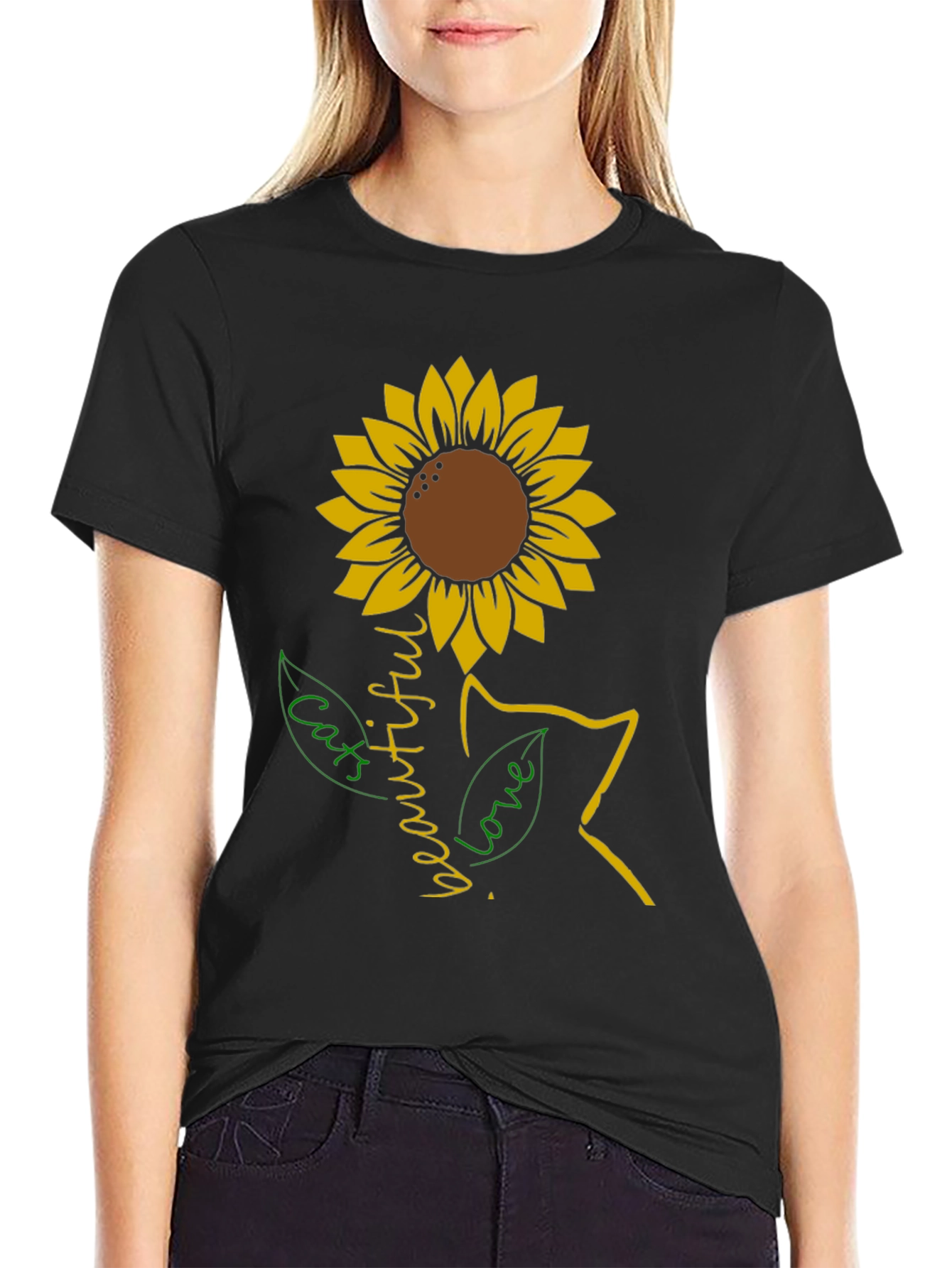 Black Sunflower Cat Lover T-Shirt view 2