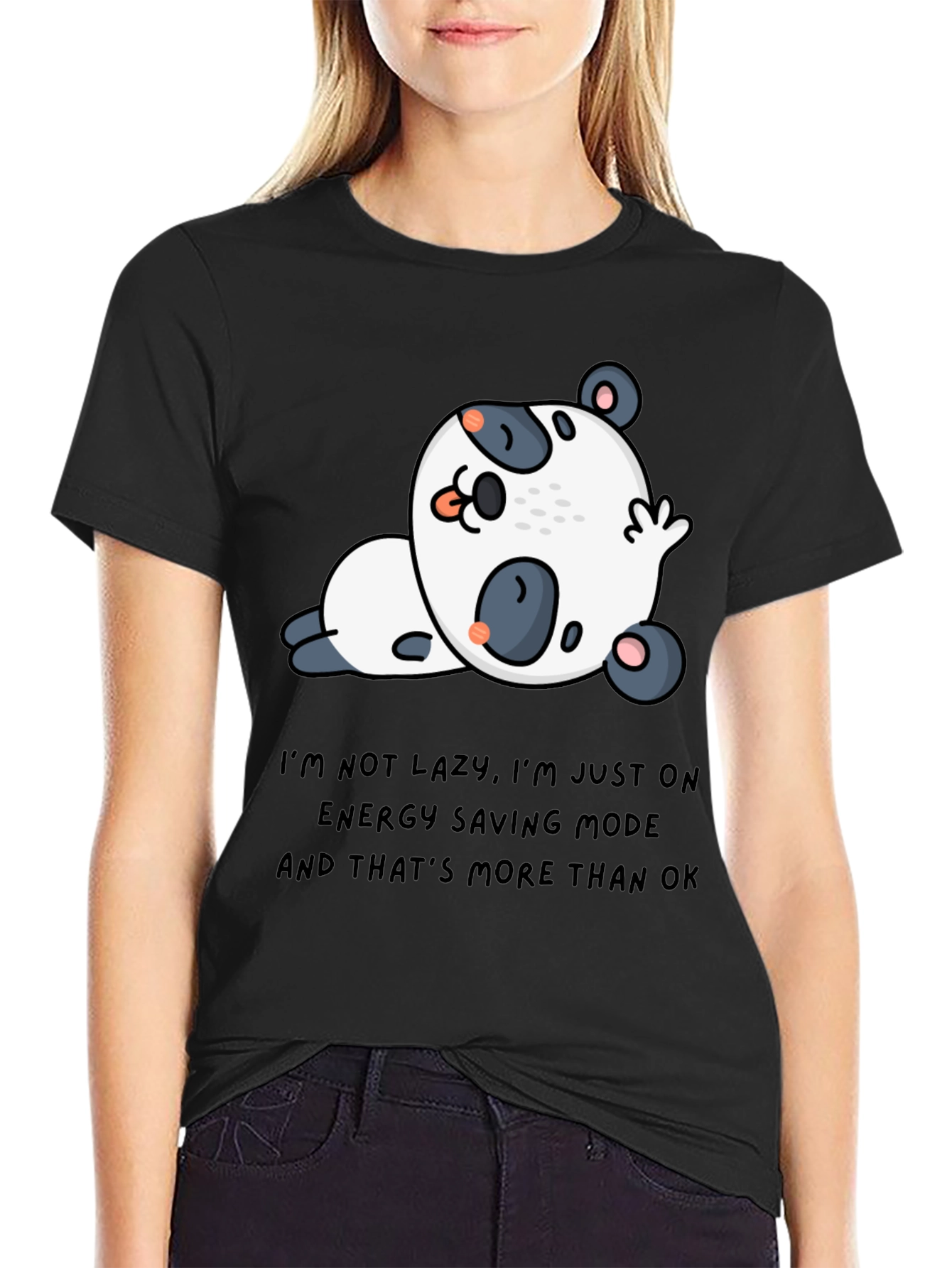 Black Lazy Panda Energy Saving Mode T-Shirt view 2