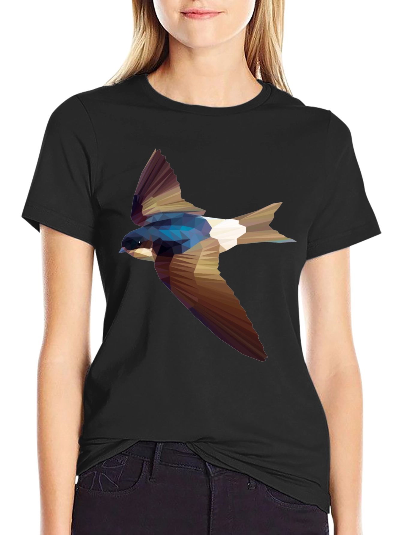 Black Geometric Swallow Print Black T-Shirt view 2