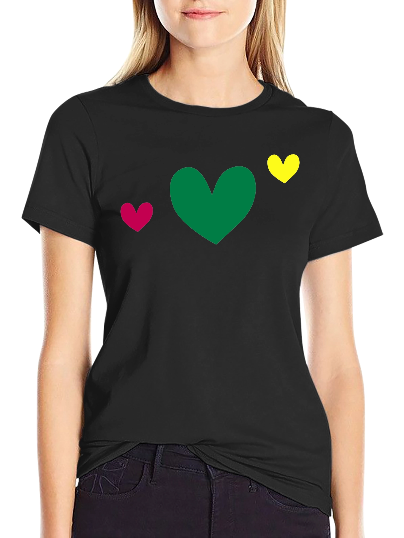 Black Heart Trio T-Shirt - Green, Pink, Yellow Hearts view 2