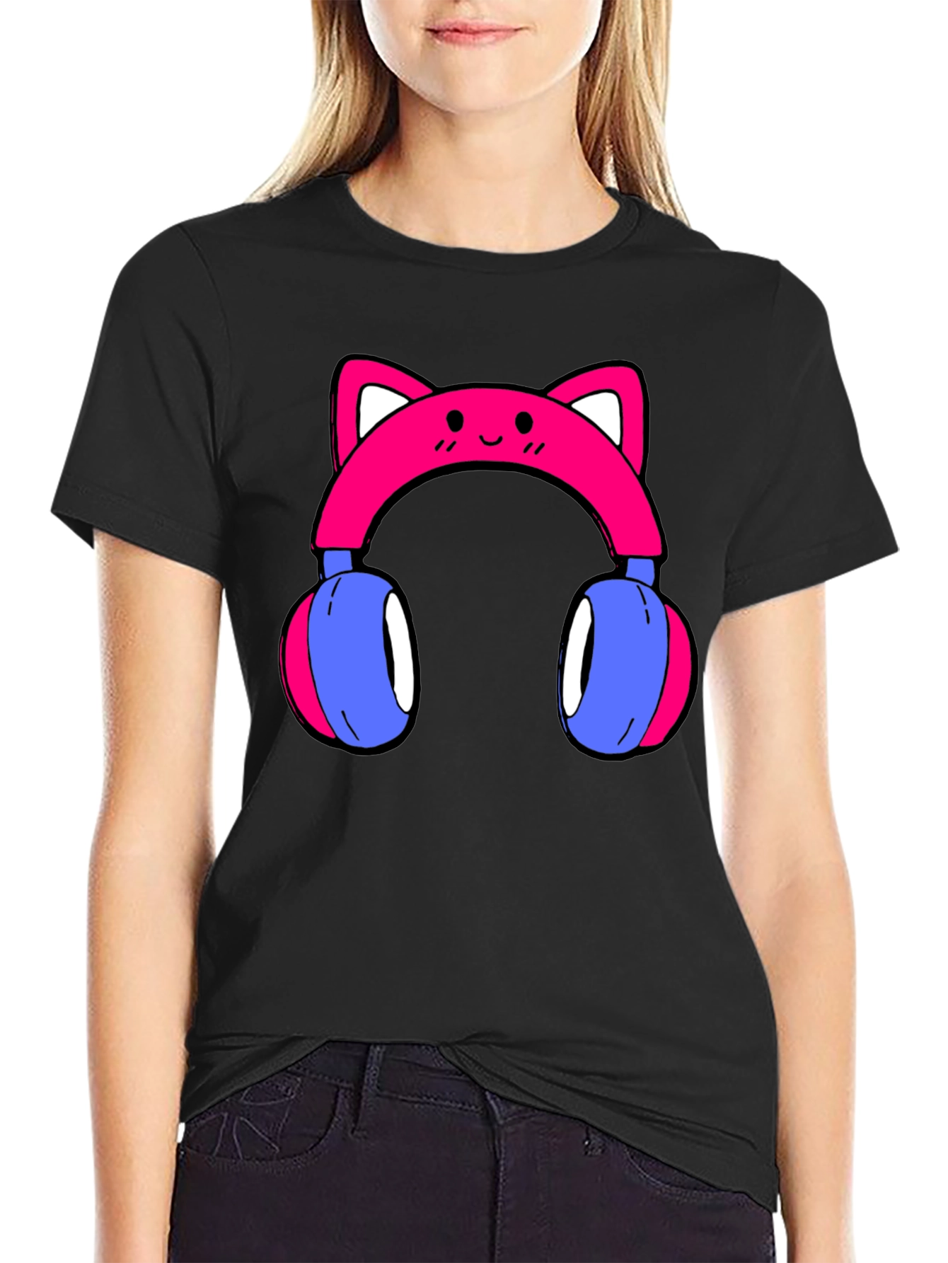 Black Cute Cat Ear Headphones Graphic Tee - Black view 2