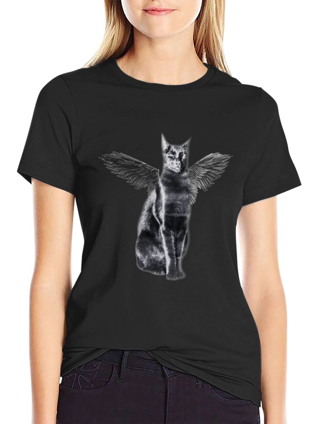 Black Winged Cat Graphic Tee - Black Cotton T-Shirt view 2
