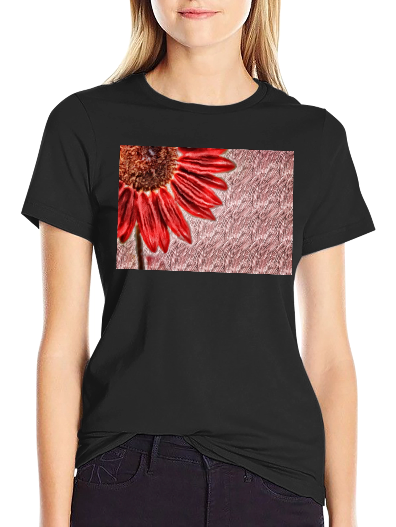 Black Red Flower Graphic Print Black Tee view 2