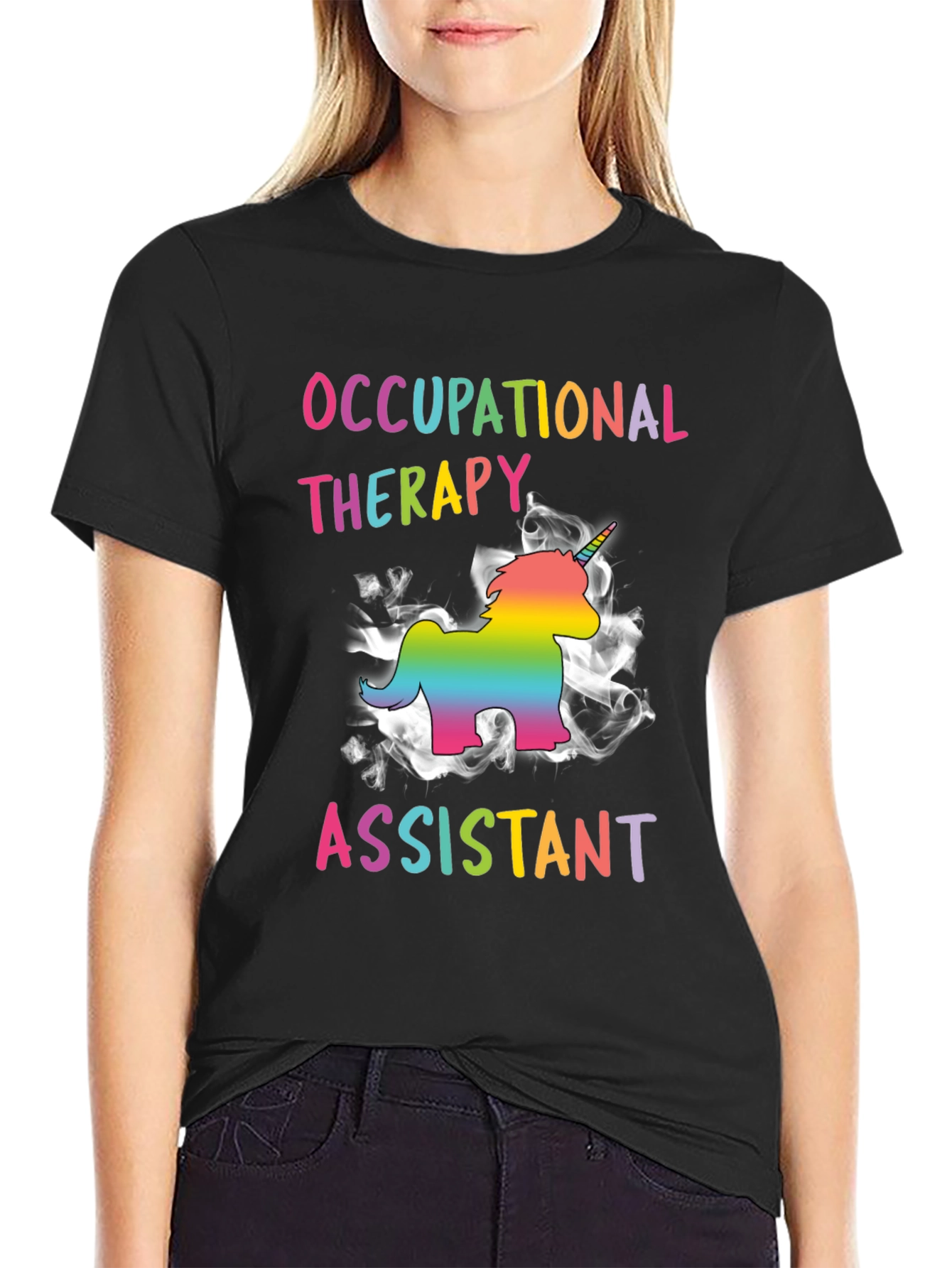 Black Occupational Therapy Assistant Rainbow Unicorn T-Shirt view 2