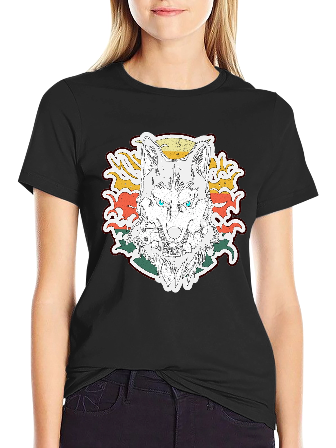 Black Wolf Graphic Print T-Shirt - Short Sleeve Black Tee view 2