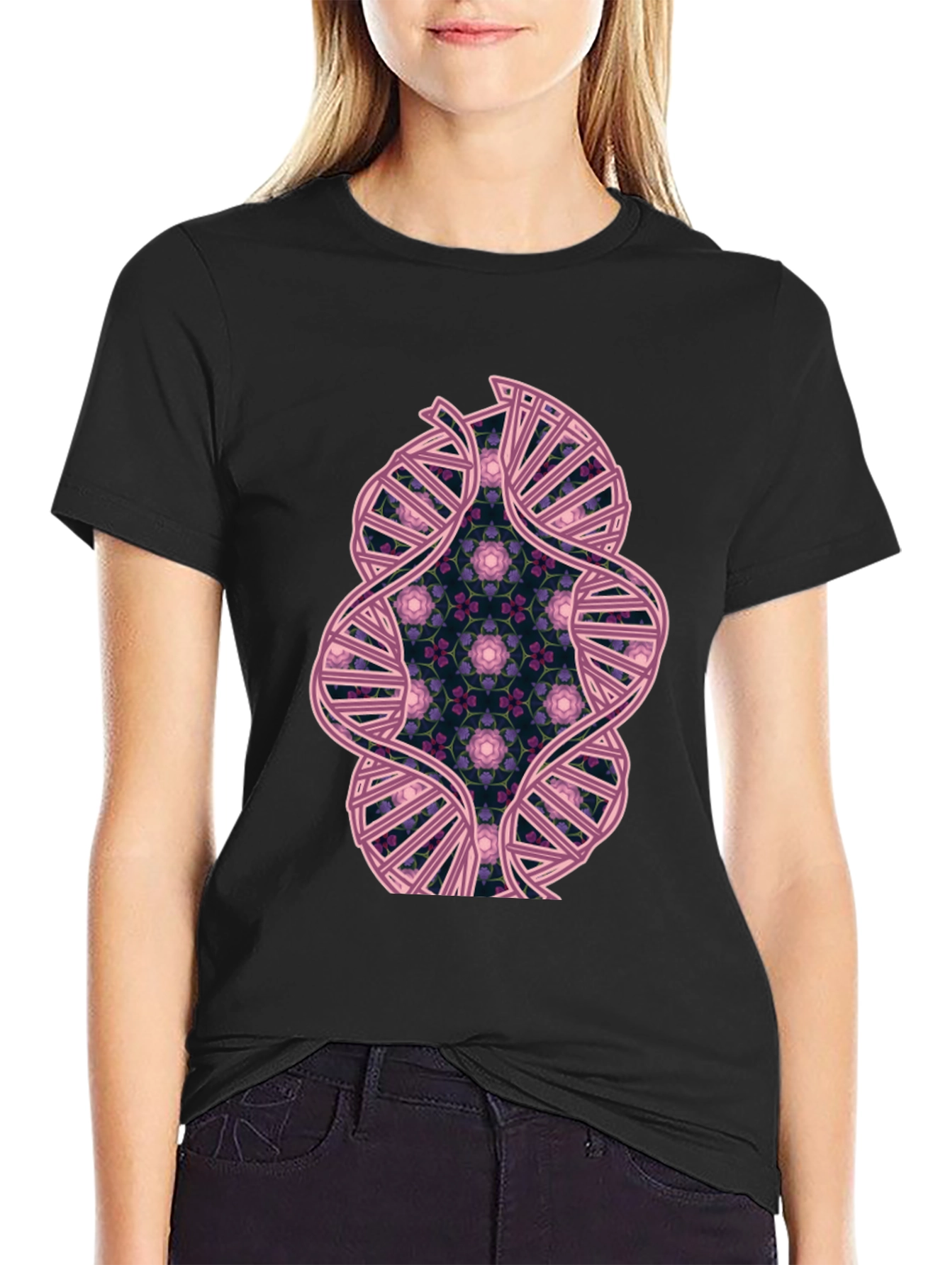 Black DNA Floral Graphic Tee - Stylish Science Shirt view 2