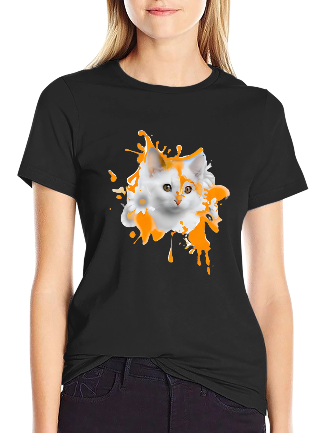 Black Cute Cat Splatter Graphic T-Shirt view 2
