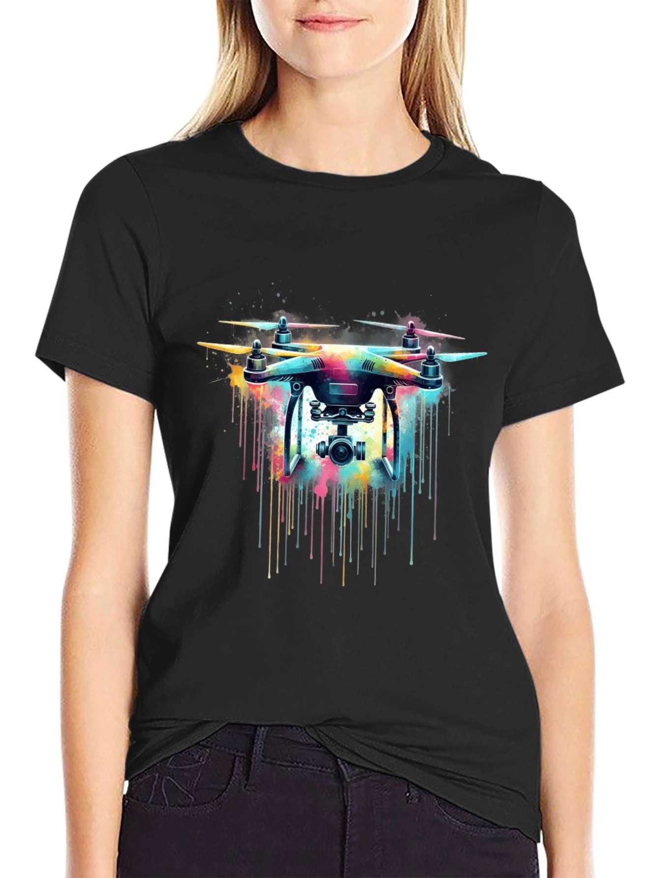 Black Drone Art T-Shirt - Colorful Drone Design Tee view 2