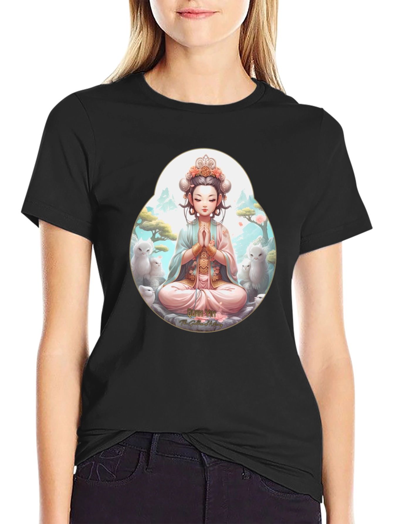 Black Zen Girl T-Shirt - Meditating Anime Style view 2